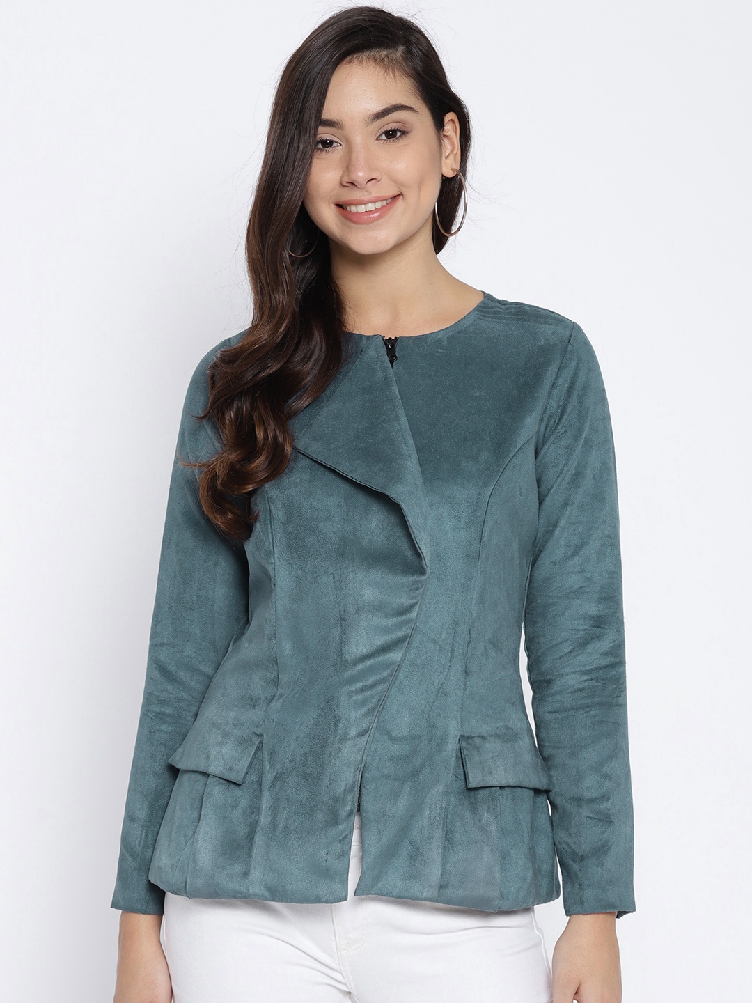 

Athena Women Teal Blue Solid Collarless Jacket