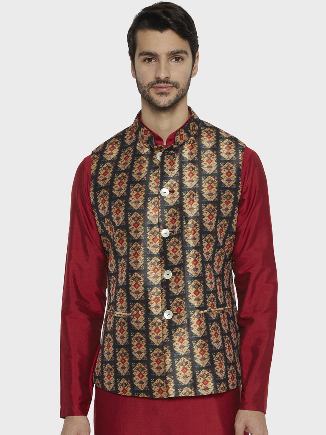 

ethnix Men Black and Brown Printed Nehru Jacket