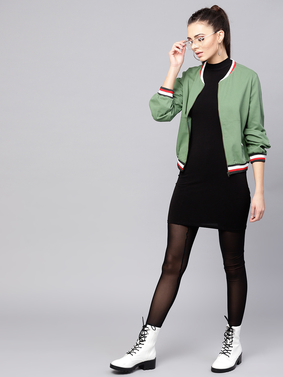 

SASSAFRAS Women Olive Green Solid Bomber Jacket