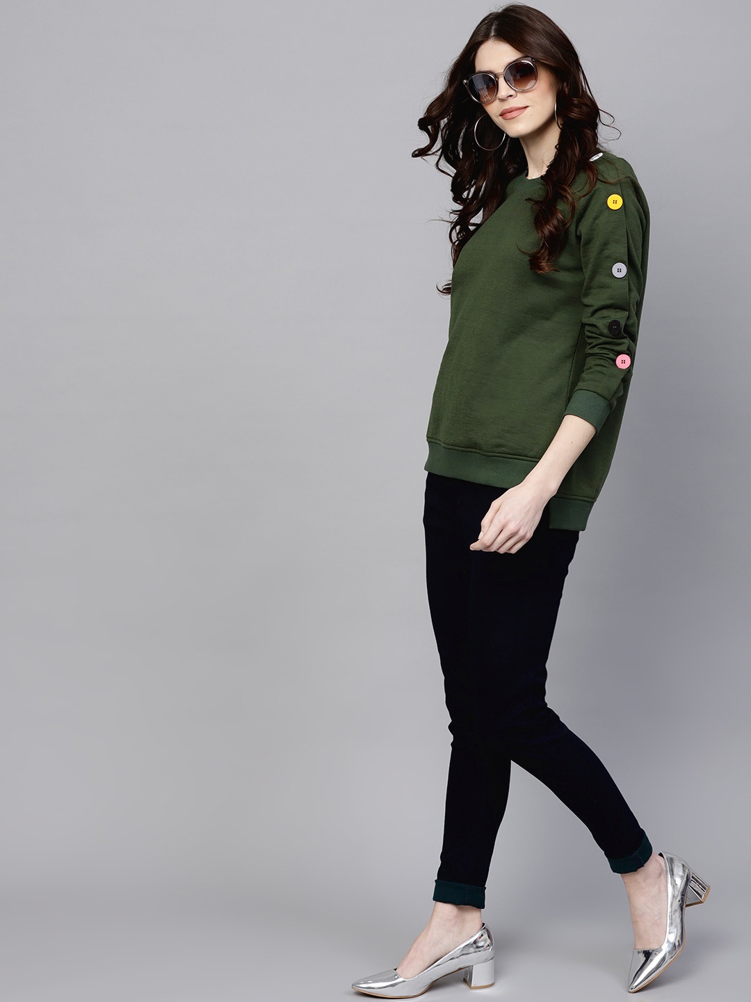 

SASSAFRAS Women Olive Green Solid Sweatshirt