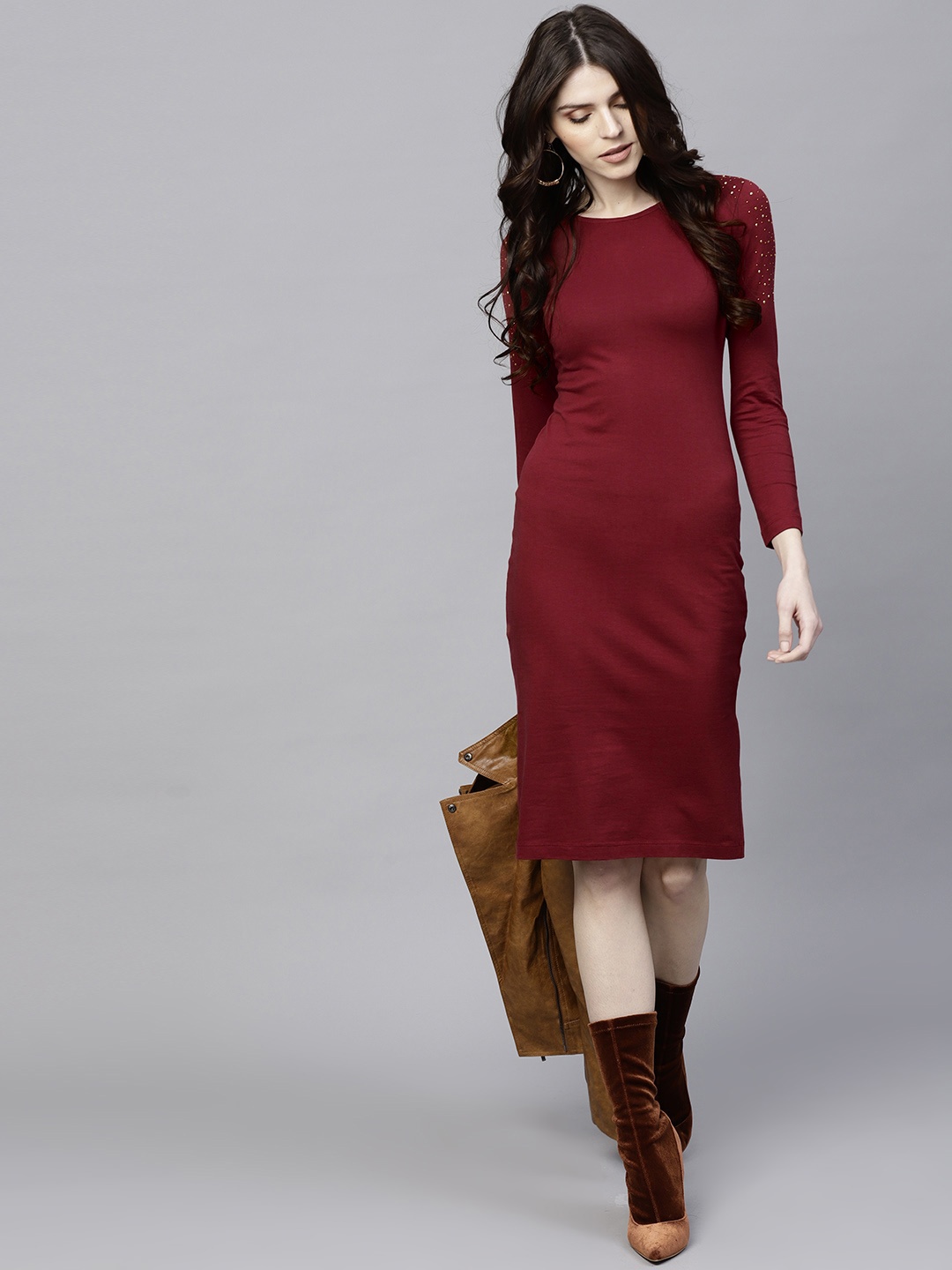 

SASSAFRAS Women Maroon Solid Sheath Dress