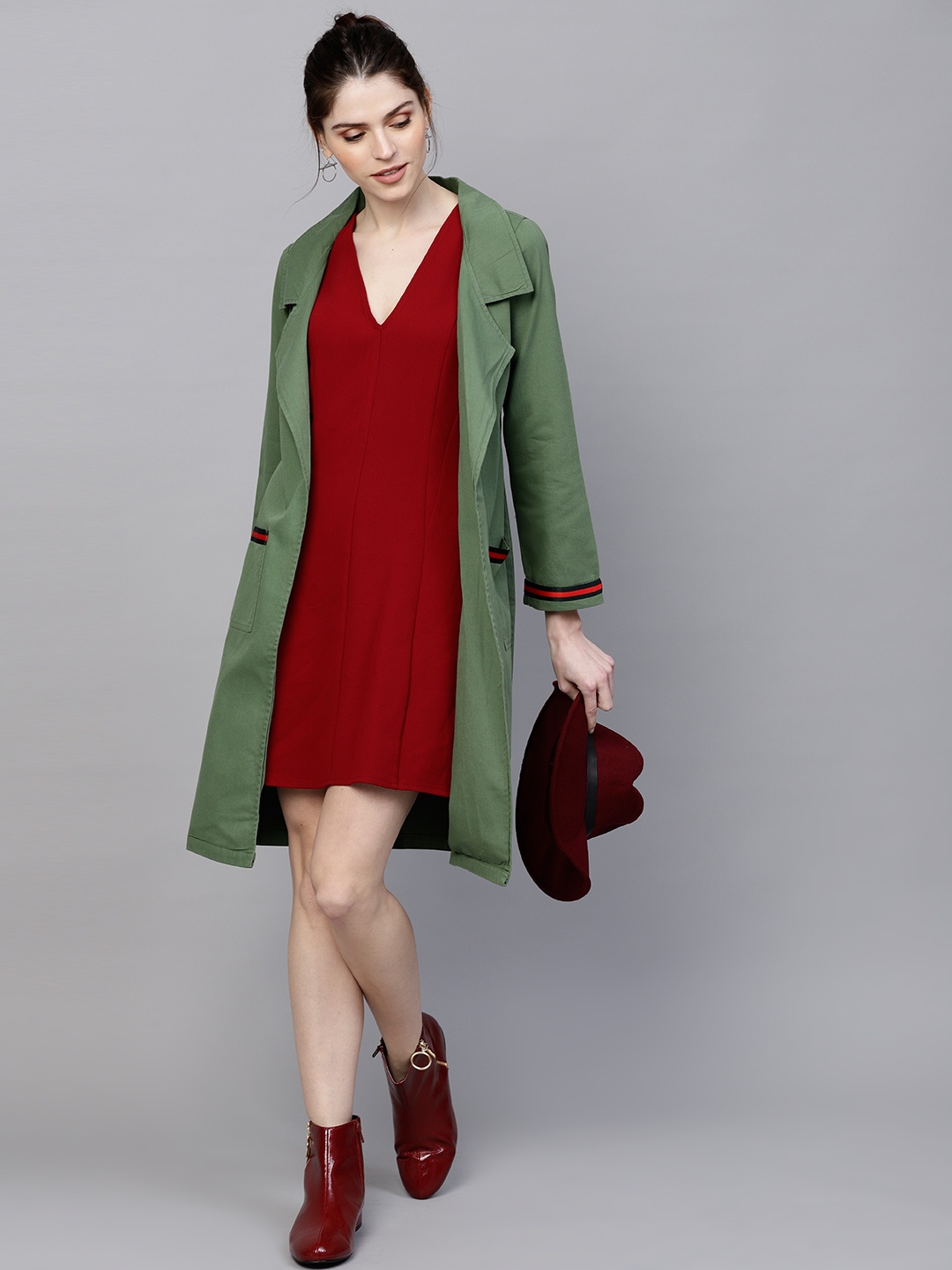 

SASSAFRAS Olive Green Denim Solid Longline Open Front Shrug