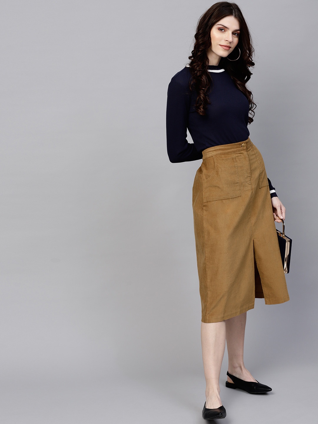 

SASSAFRAS Women Mustard Yellow Solid Knee Length A-Line Skirt