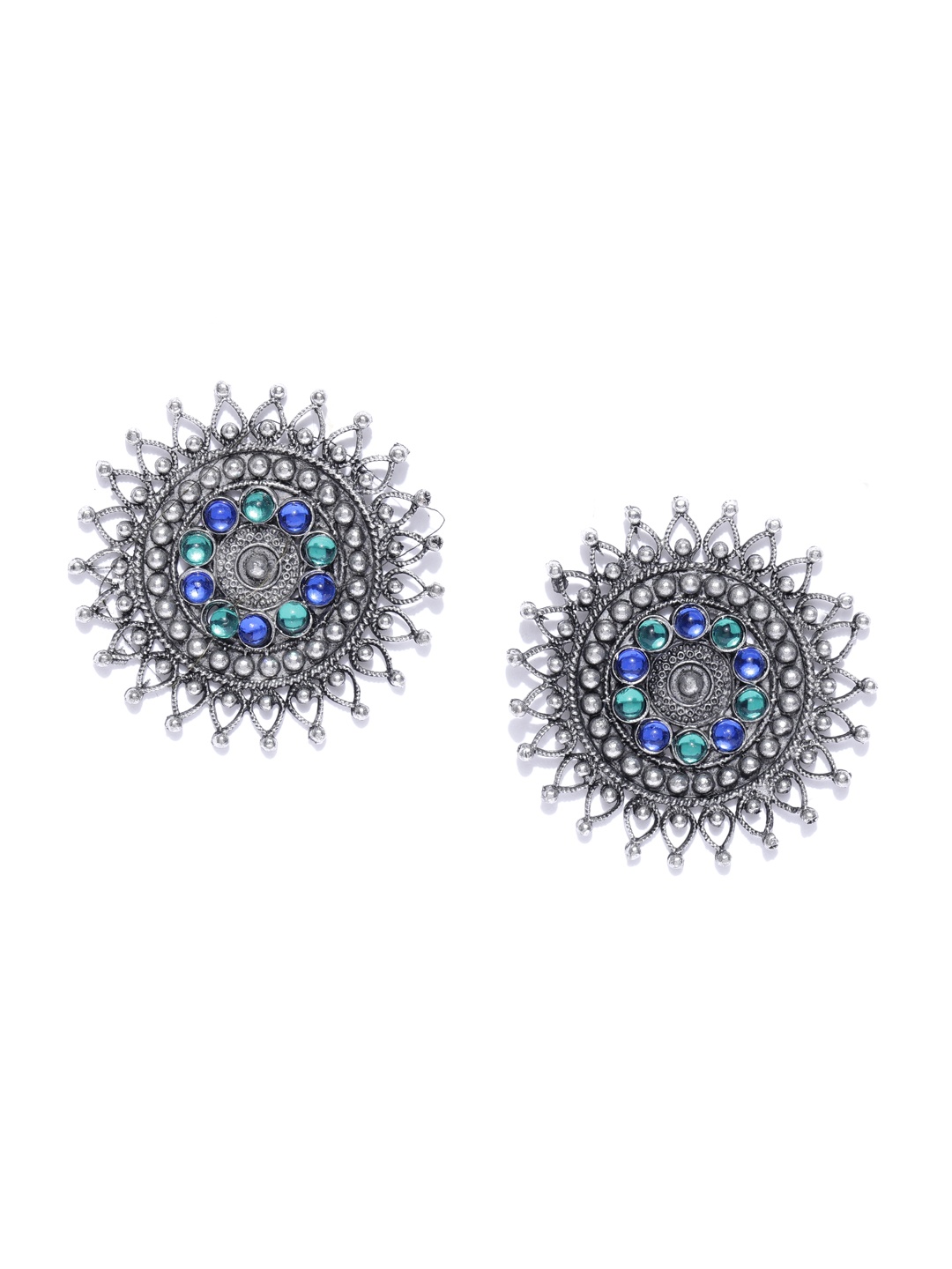 

Infuzze Oxidised Silver-Toned & Blue Beaded Circular Drop Earrings