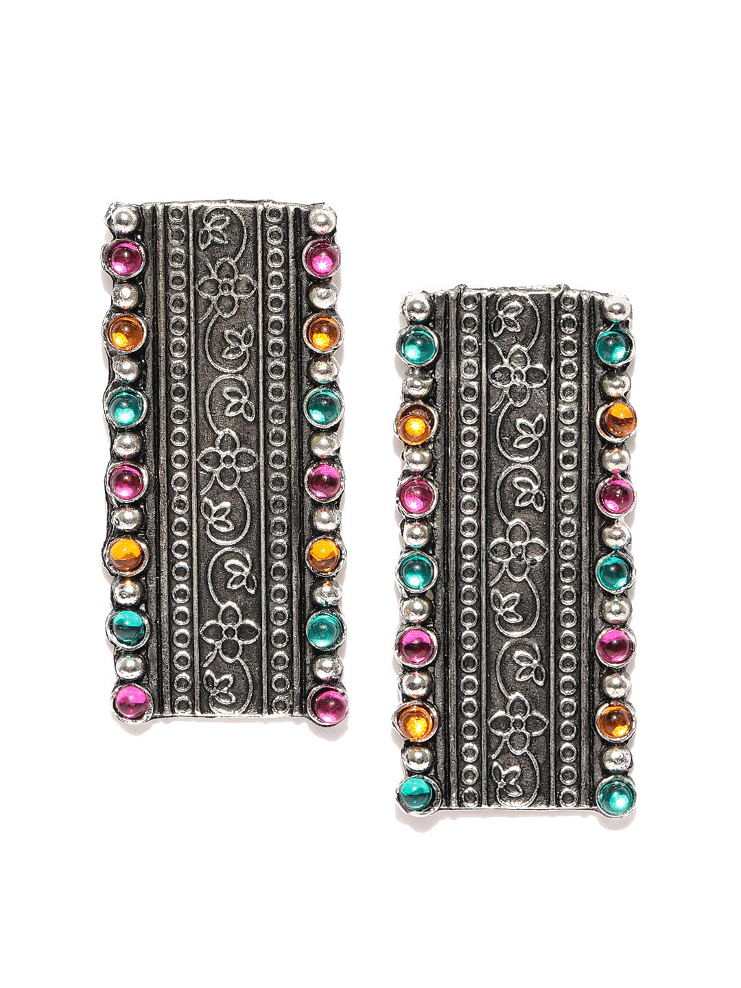 

Infuzze Oxidised Silver-Toned & Pink Beaded & Textured Rectangular Drop Earrings