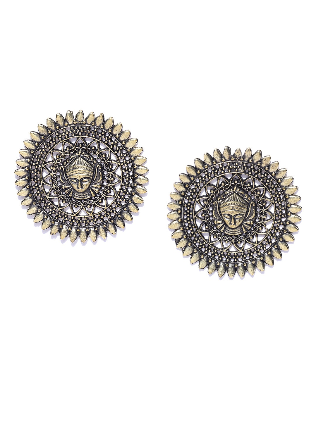 

Infuzze Antique Gold-Toned Goddess Durga Textured Circular Oversized Studs