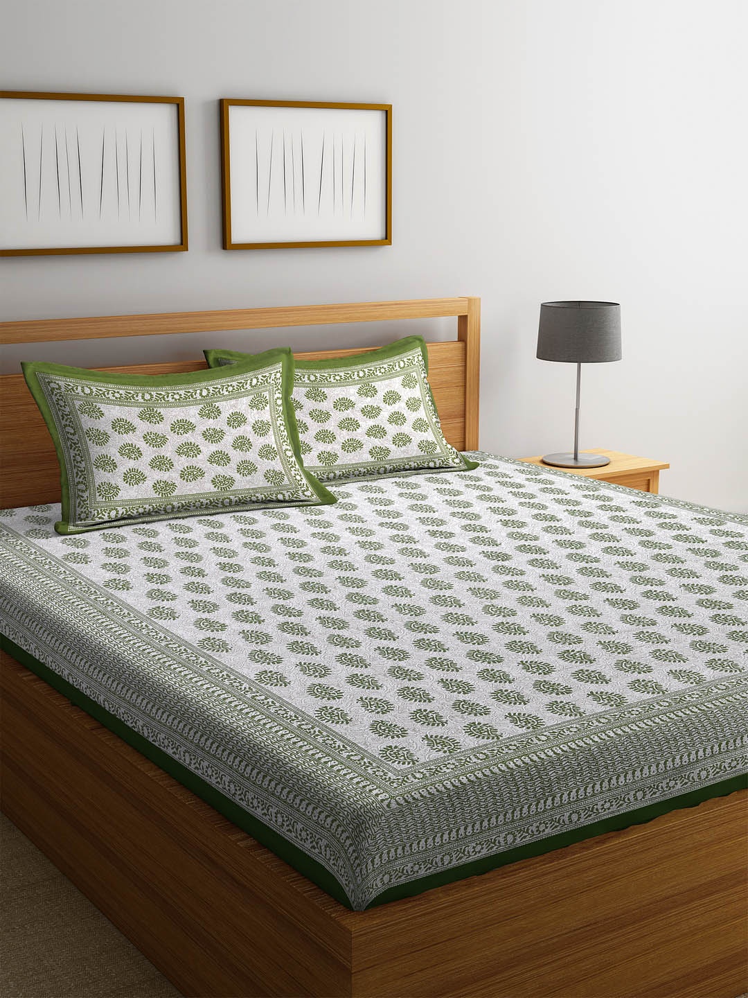 

Rajasthan Decor Olive Green Printed 144 TC Cotton Double Bedsheet with Pillow Covers