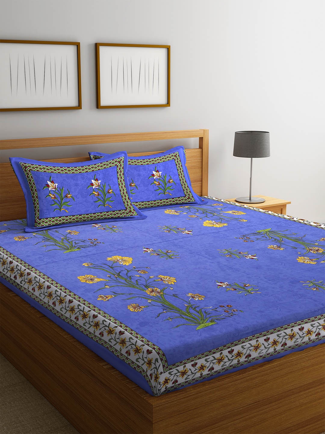 

Rajasthan Decor Blue Floral Flat 144 TC Cotton Bedsheet with 2 Pillow Covers