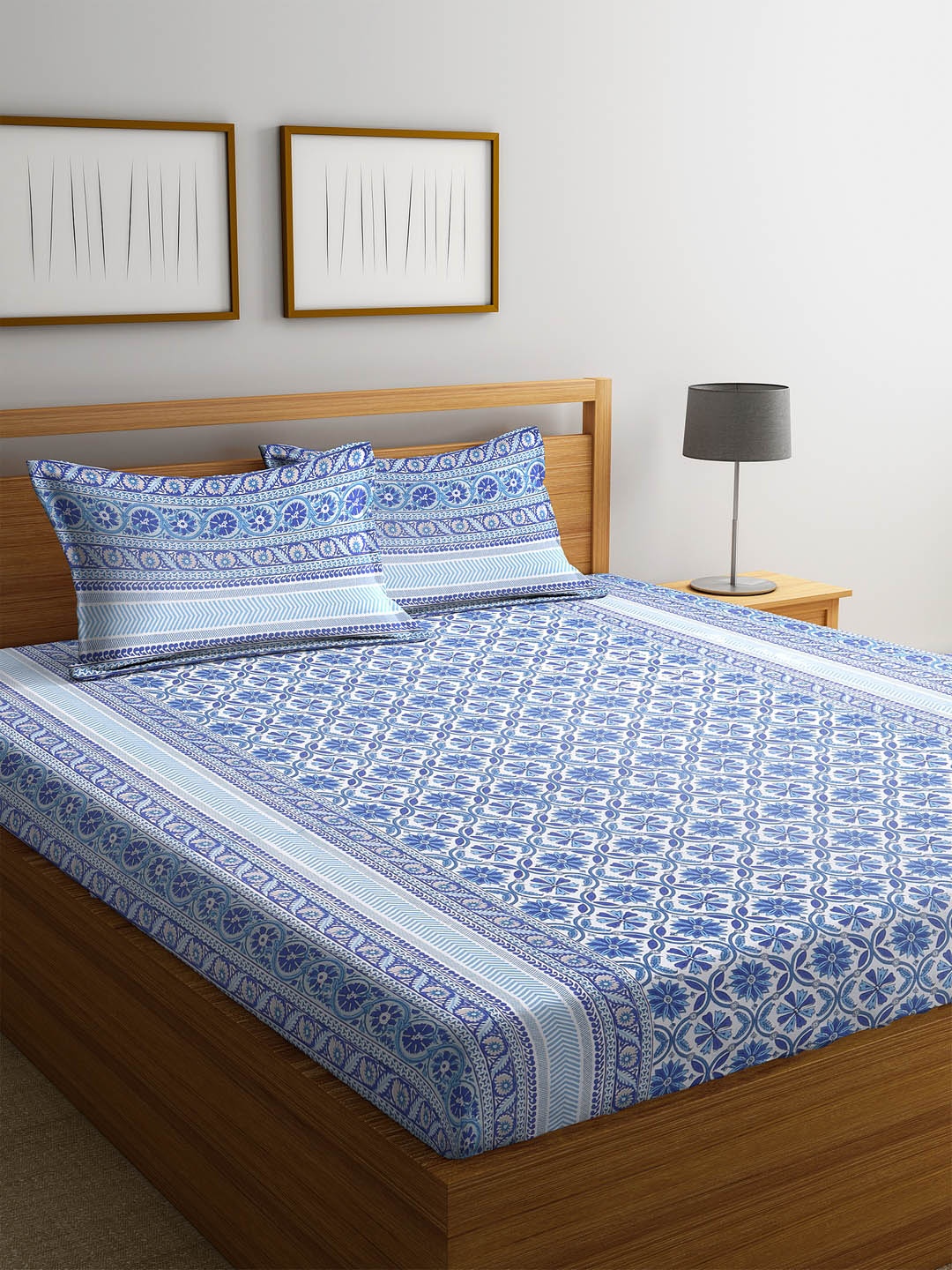 Rajasthan Decor Blue & White Geometric Flat 180 TC Cotton Bedsheet with 2 Pillow Covers