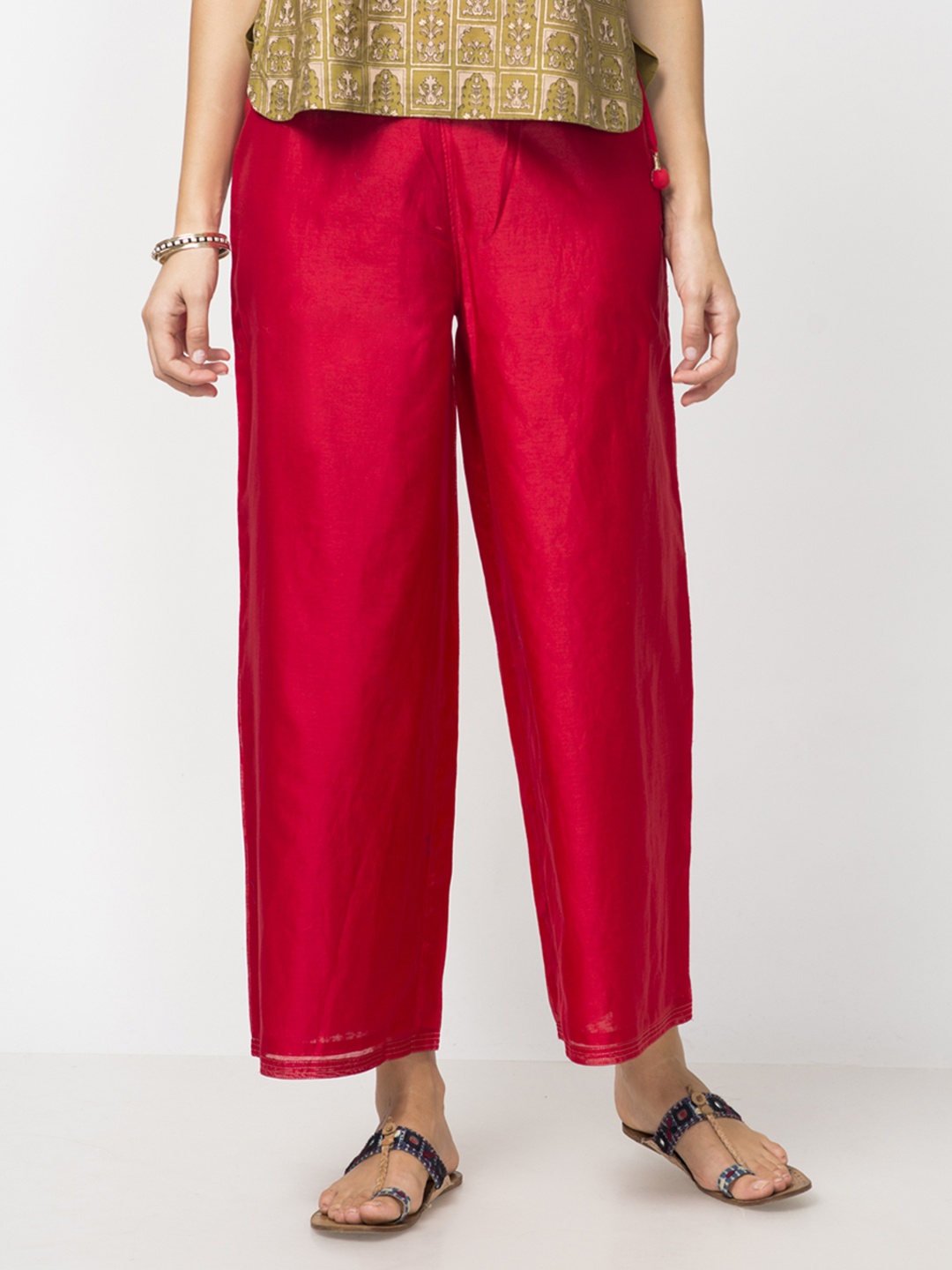 

Fabindia Women Red Solid Wide Leg Palazzos