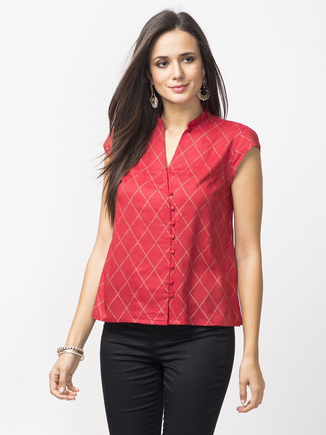 

Fabindia Women Red & Golden Printed Shirt Style Top