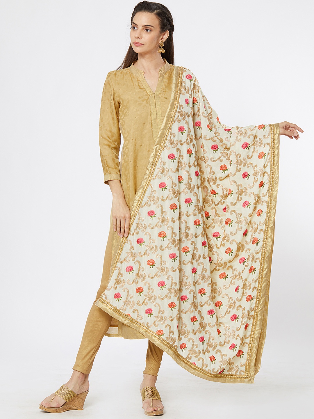 

Dupatta Bazaar Women Cream-Coloured Embroidered Dupatta