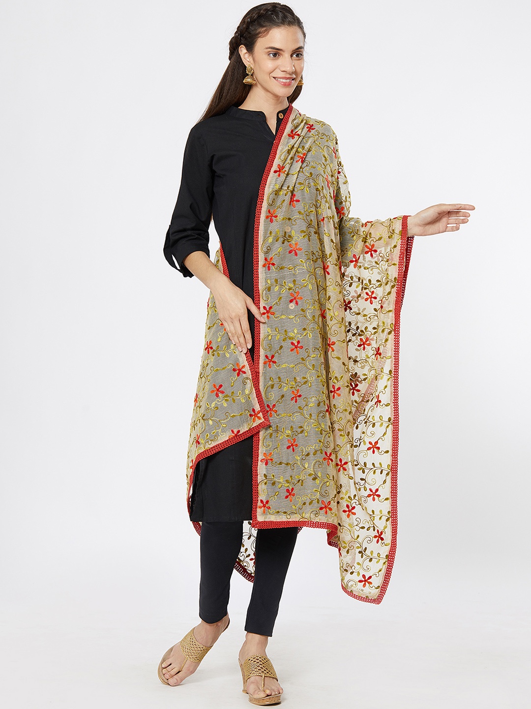 

Dupatta Bazaar Women Cream-Coloured & Red Embroidered Dupatta