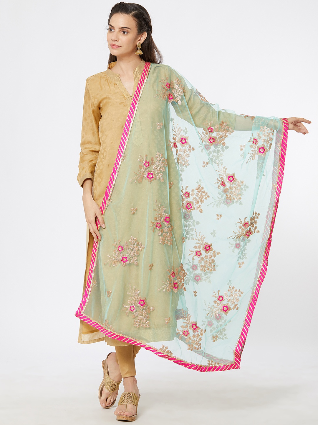 

Dupatta Bazaar Women Sea Green & Pink Embroidered Dupatta