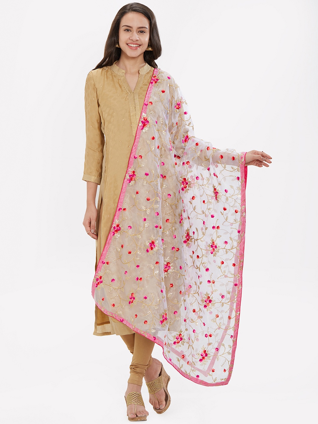 

Dupatta Bazaar White & Pink Embroidered Dupatta