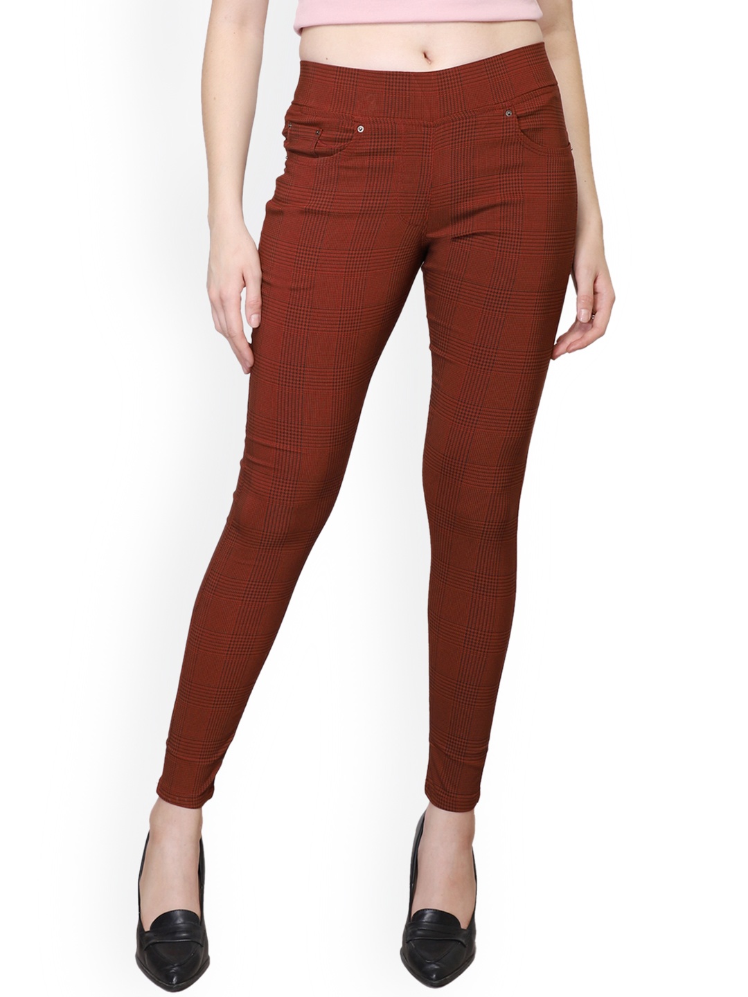 

Westwood Women Maroon Checked Skinny Fit Jeggings, Rust