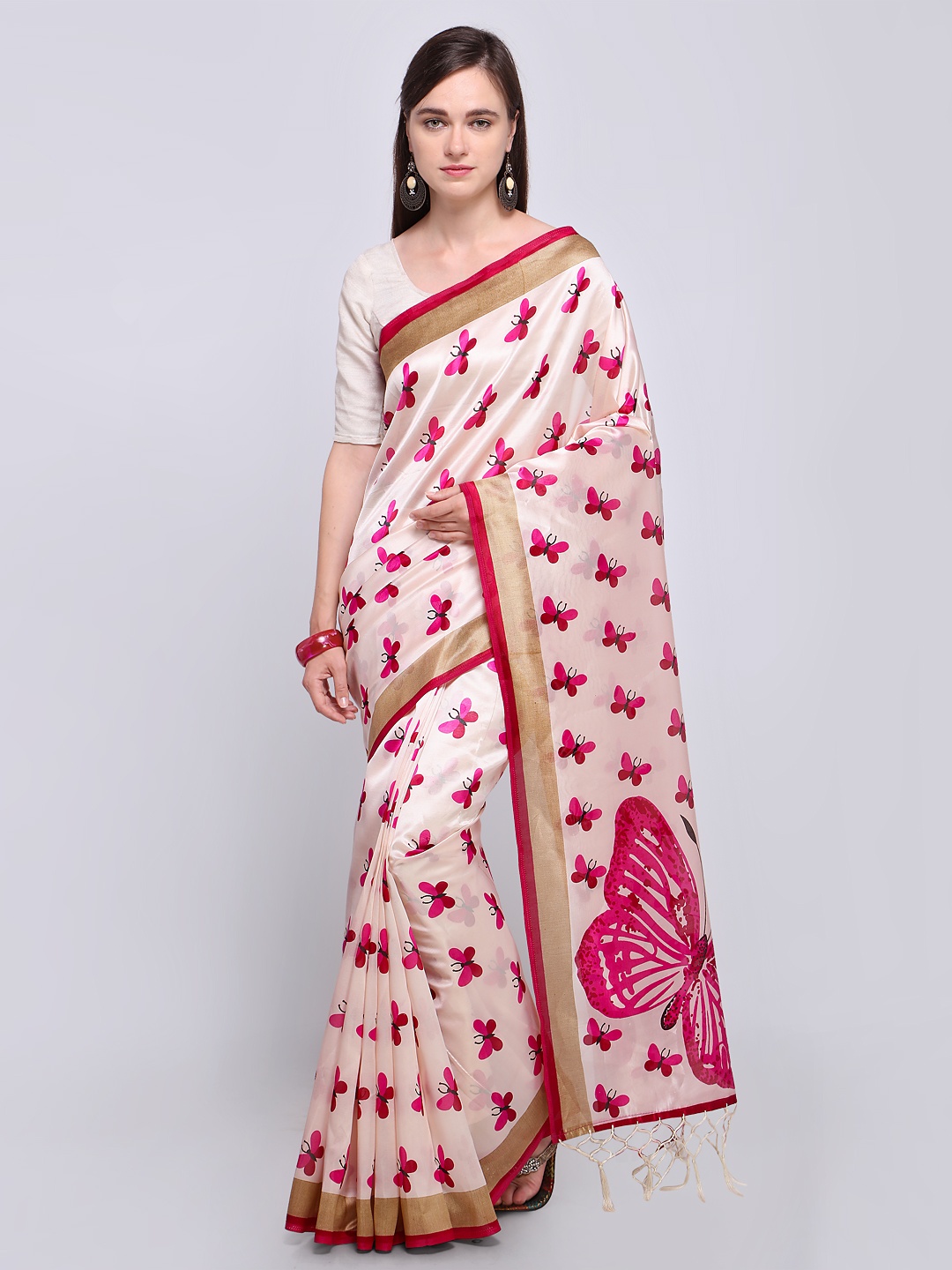 

Saree mall Off-White & Pink Art Silk Printed Bhagalpuri Saree