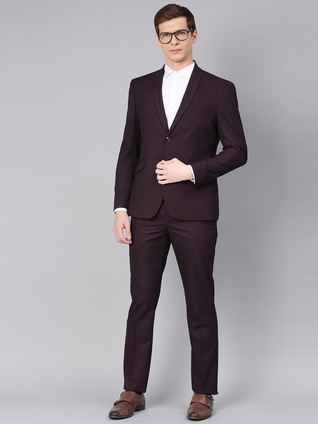 

V Dot Men Burgundy Textured Skinny Fit Single-Breasted Formal Suit