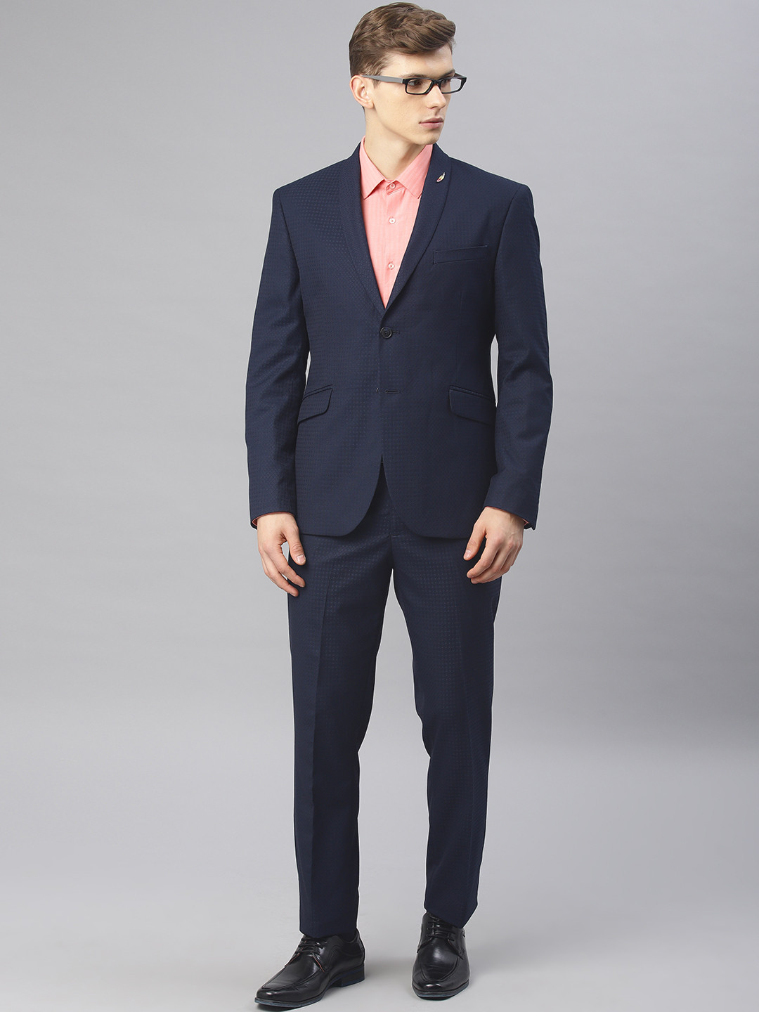 

V Dot Men Navy Self Design Slim Fit Single-Breasted Formal Suit, Navy blue