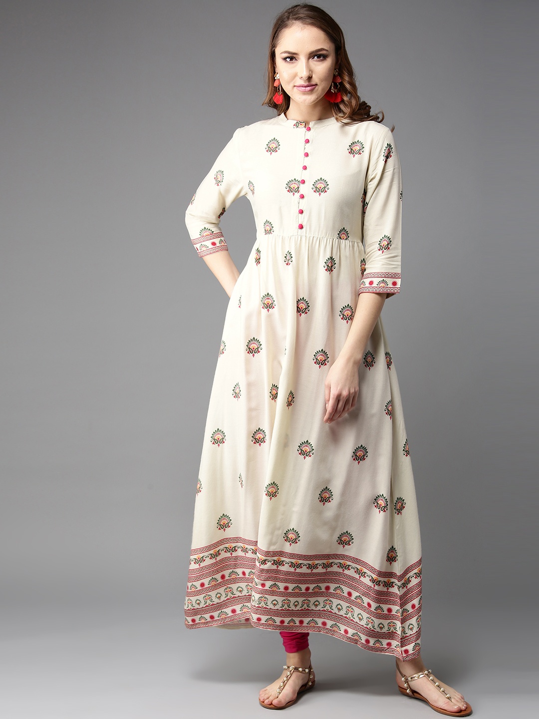 

Moda Rapido Women Off-White & Pink Printed A-Line Kurta