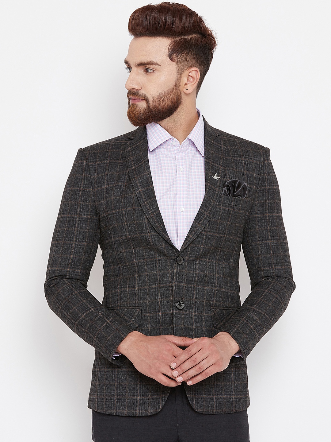 

Canary London Men Charcoal Grey Checked Slim Fit Single-Breasted Blazer