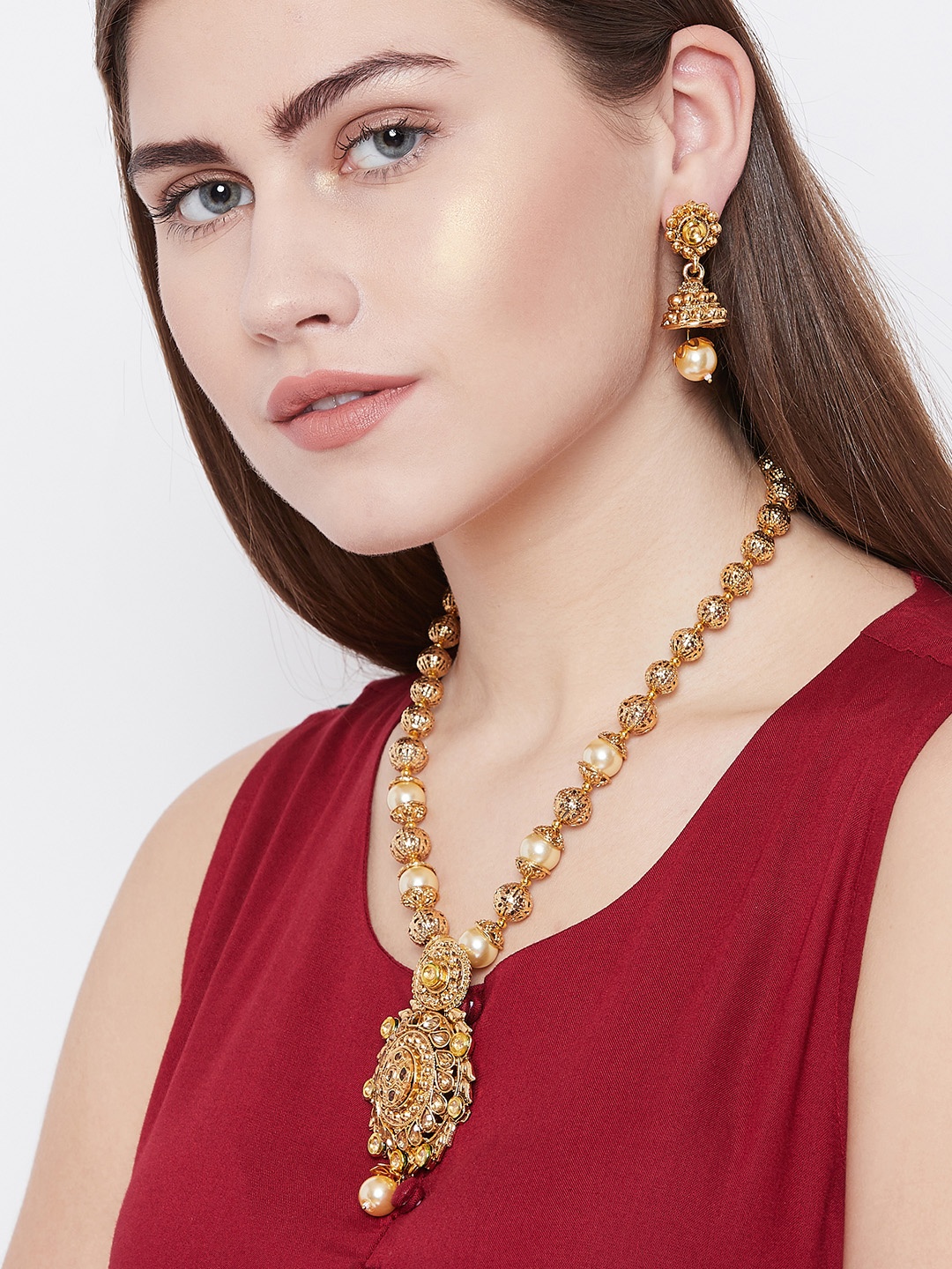 

PANASH Women Gold-Plated Stone & Pearl Studded Jewellery Set