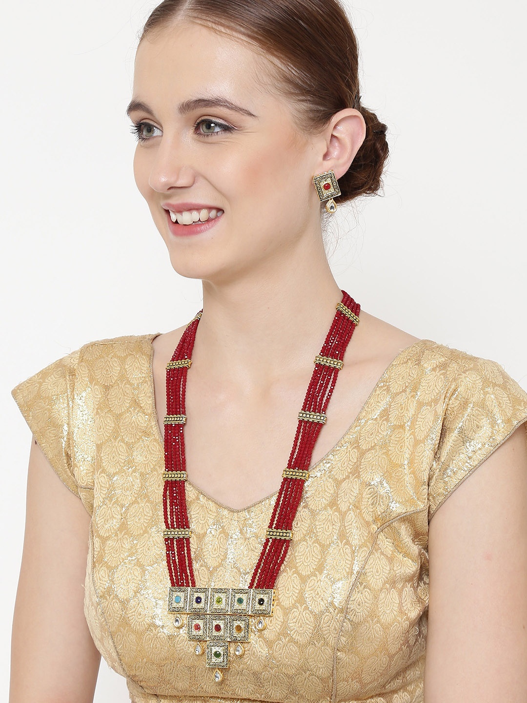 

PANASH Women Gold-Plated, Maroon & Multicoloured Kundan & Stone-Studded Jewellery Set