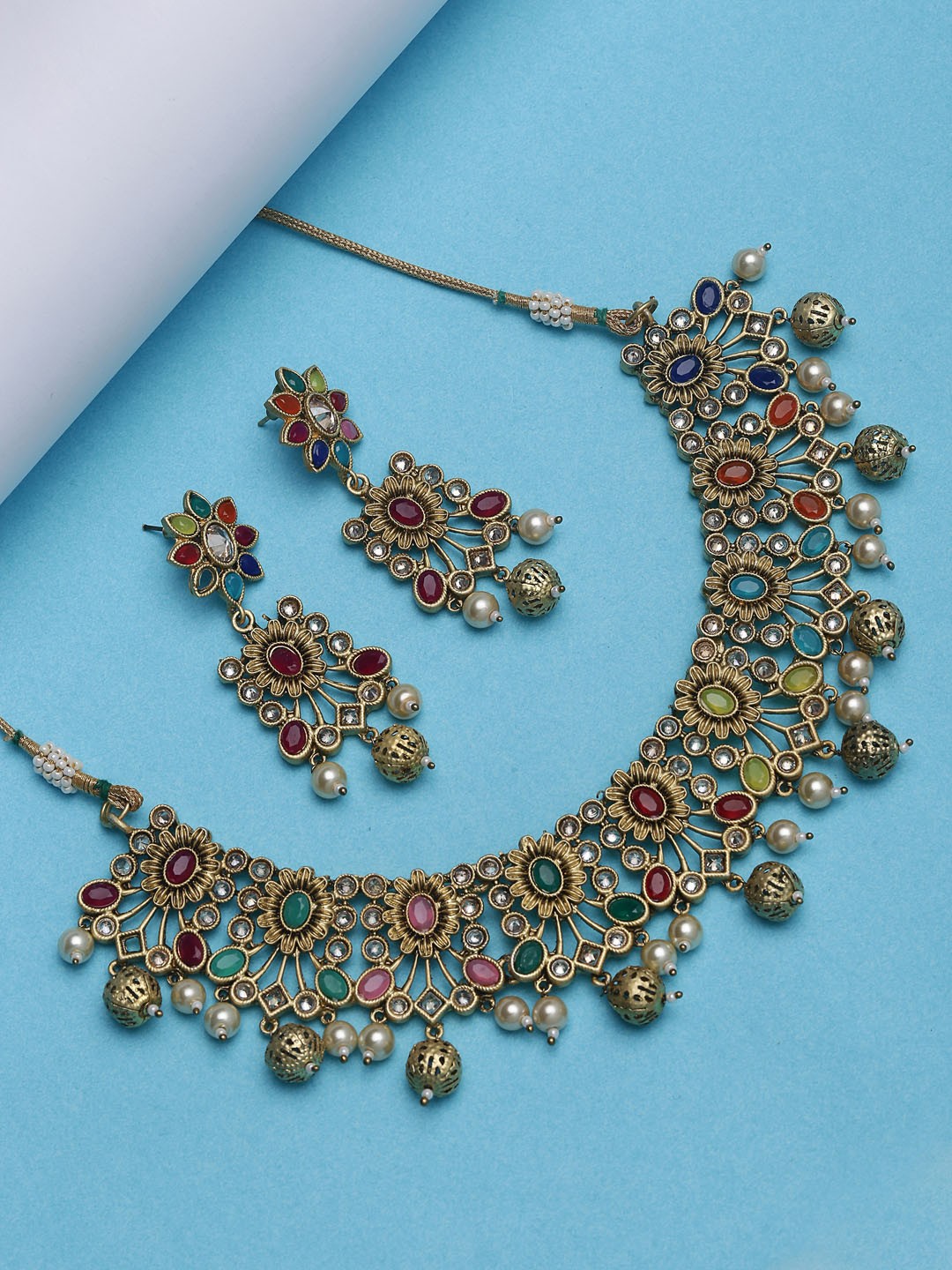 

PANASH Women Gold-Plated & Multicoloured Stone & Pearl Studded Jewellery Set