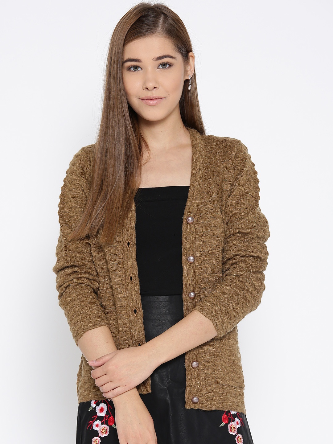

Cayman Women Olive Brown Self Design Cardigan