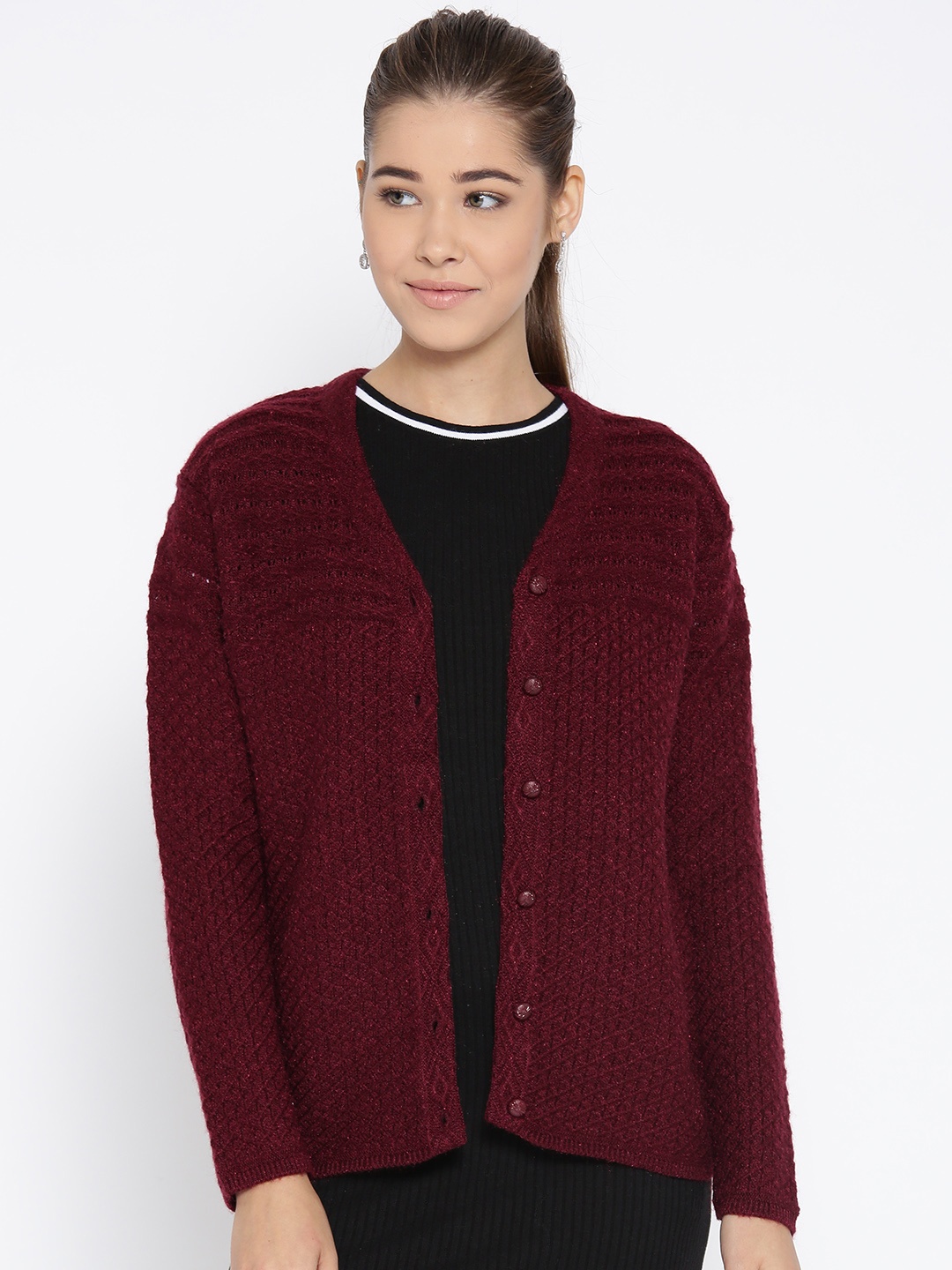 

Cayman Women Maroon Self Design Cardigan