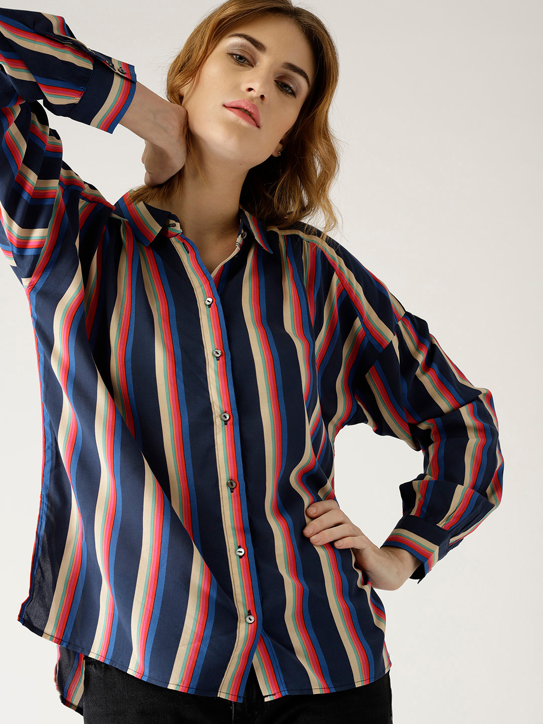

ESPRIT Women Navy Blue & Beige Regular Fit Striped Casual Shirt