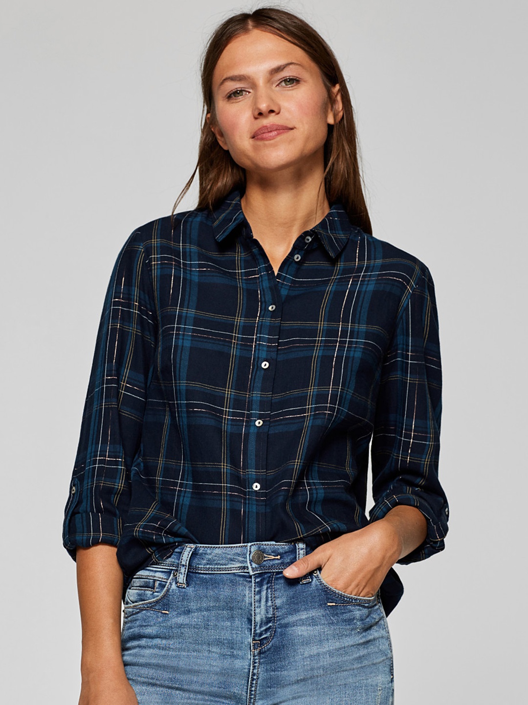 

ESPRIT Women Navy Blue Regular Fit Checked Casual Shirt