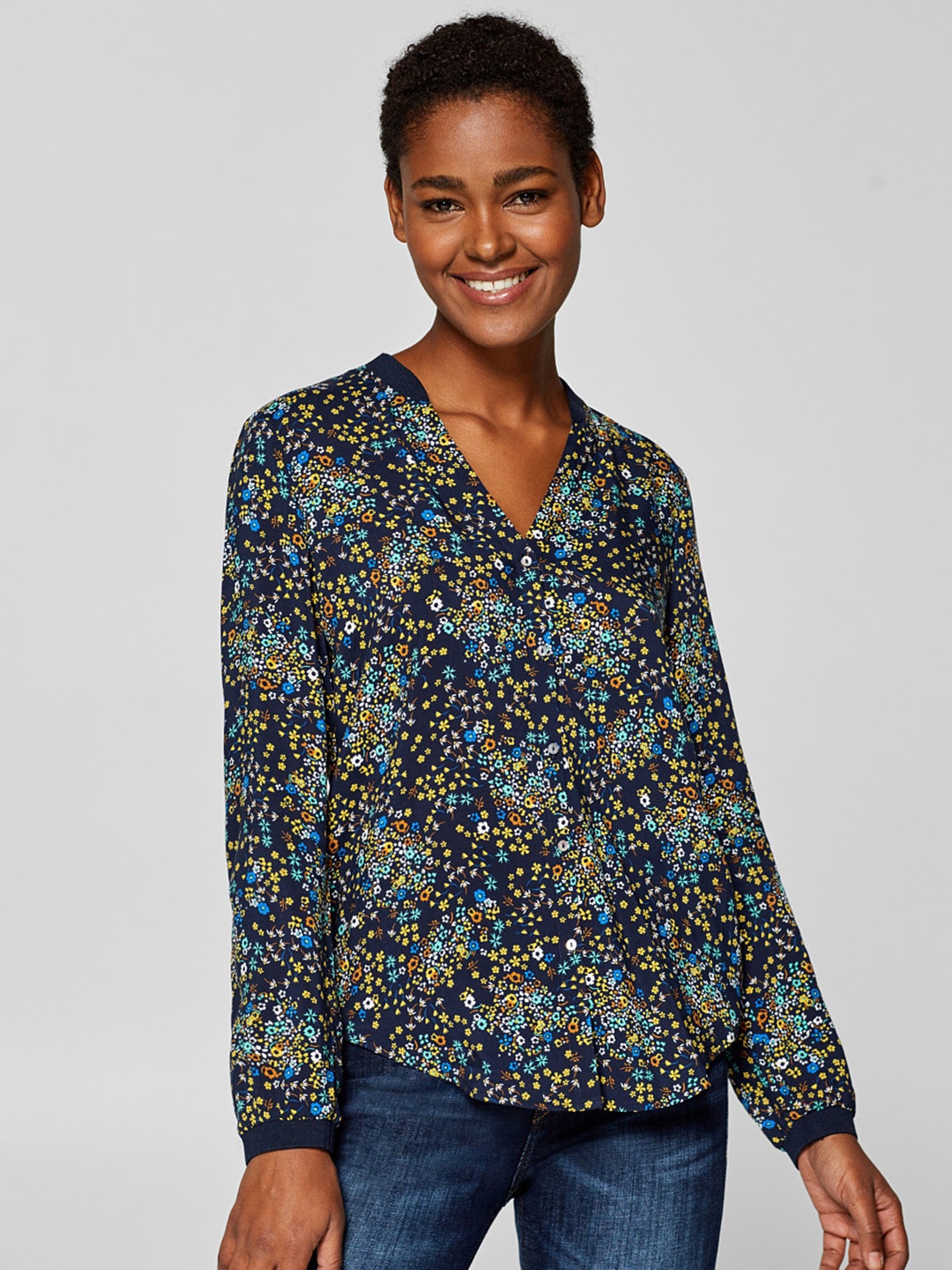 

ESPRIT Women Navy Blue & Yellow Regular Fit Printed Casual Shirt