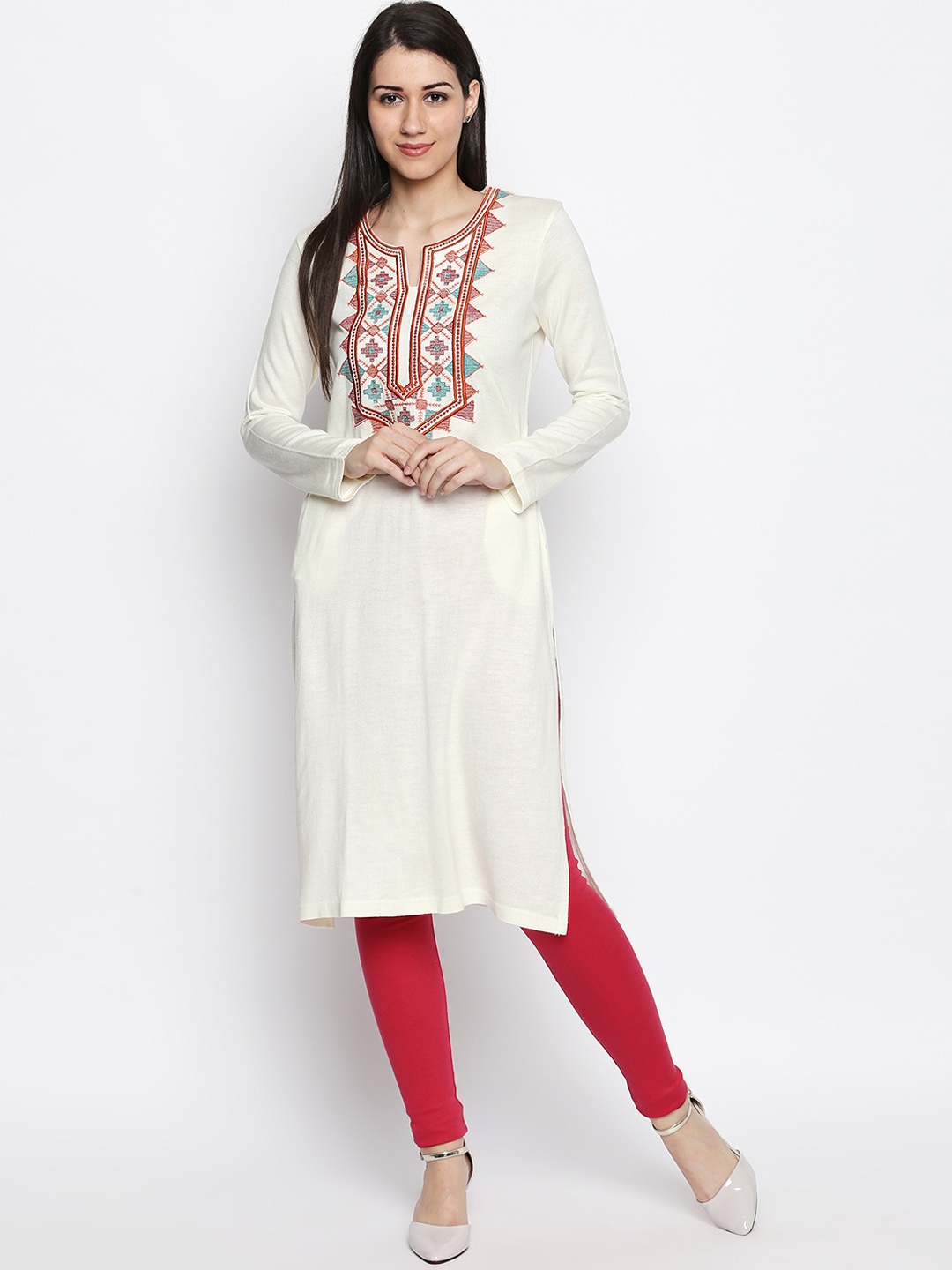 

RANGMANCH BY PANTALOONS Women Off-White Embroidered Straight Kurta