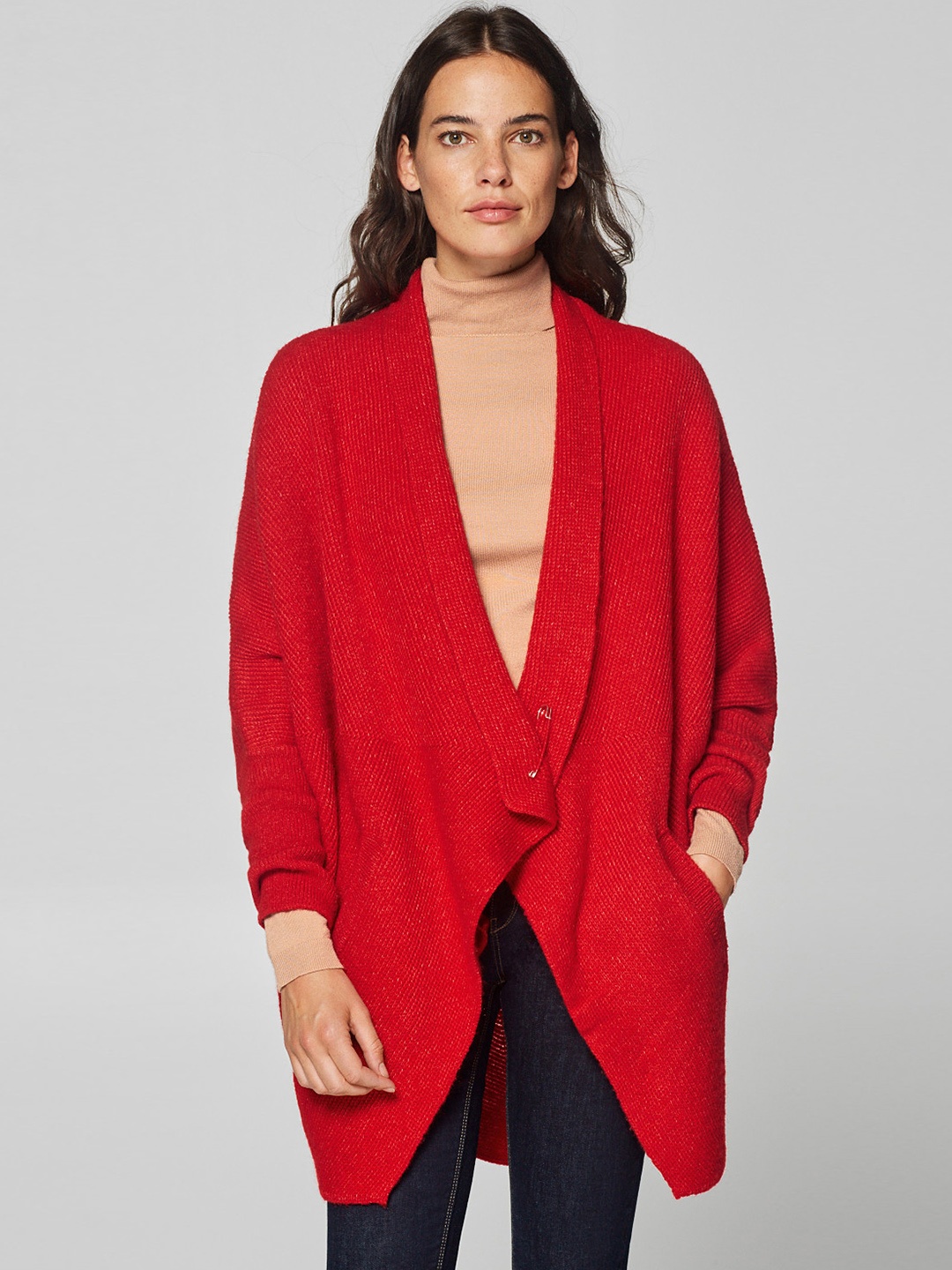 

ESPRIT Women Red Solid Front-Open Sweater