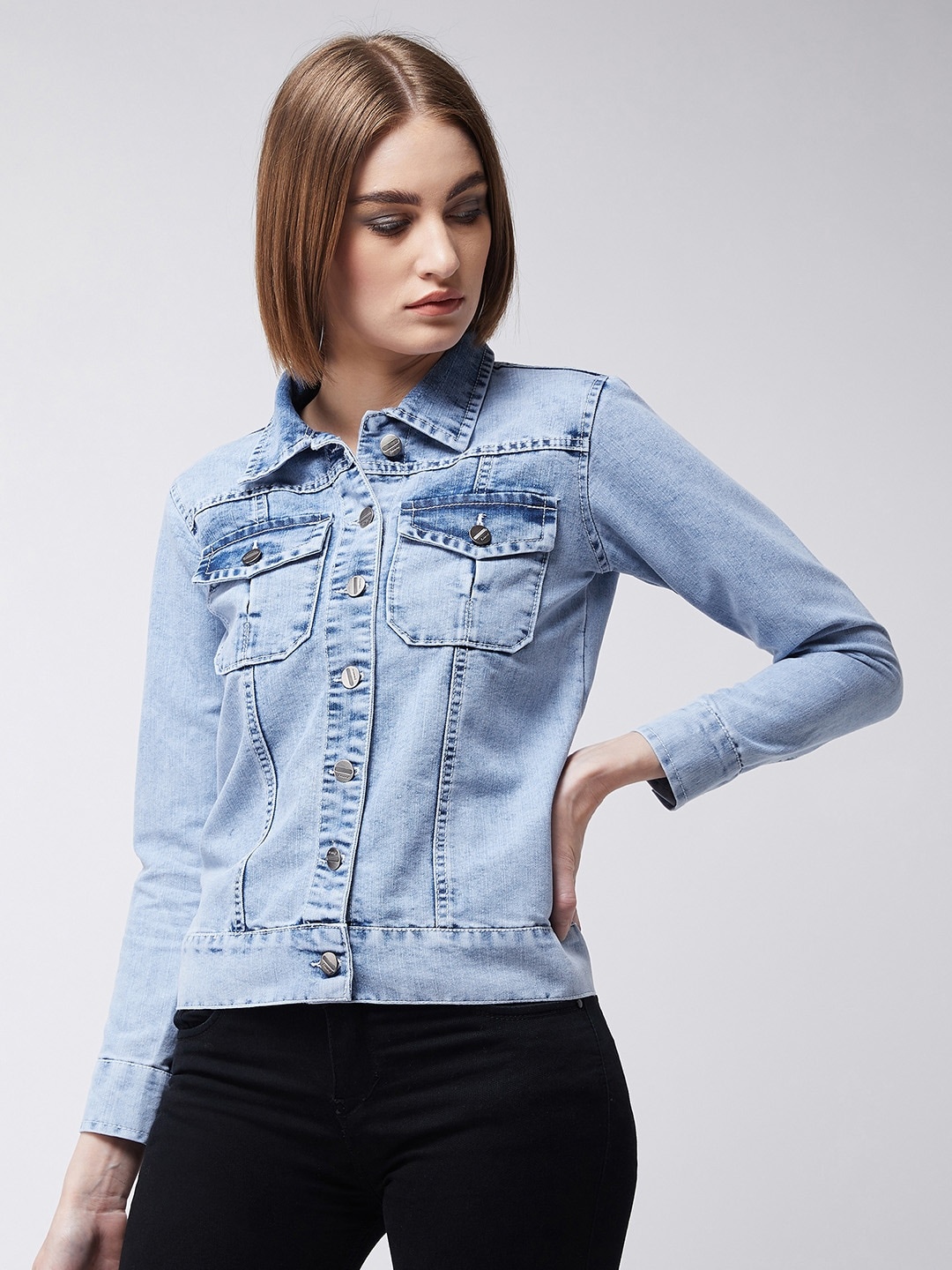 

Miss Chase Women Blue Solid Lightweight Denim Jacket