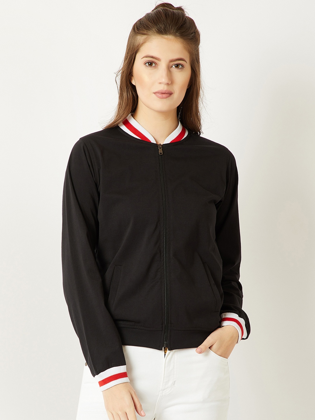 

Miss Chase Women Black Striped Lightweight Bomber