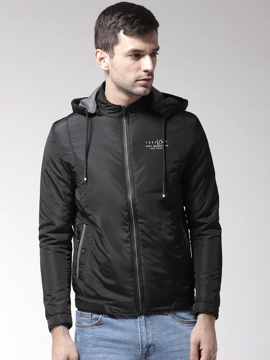 

Fort Collins Men Black Solid Padded Jacket with Detachable Hood
