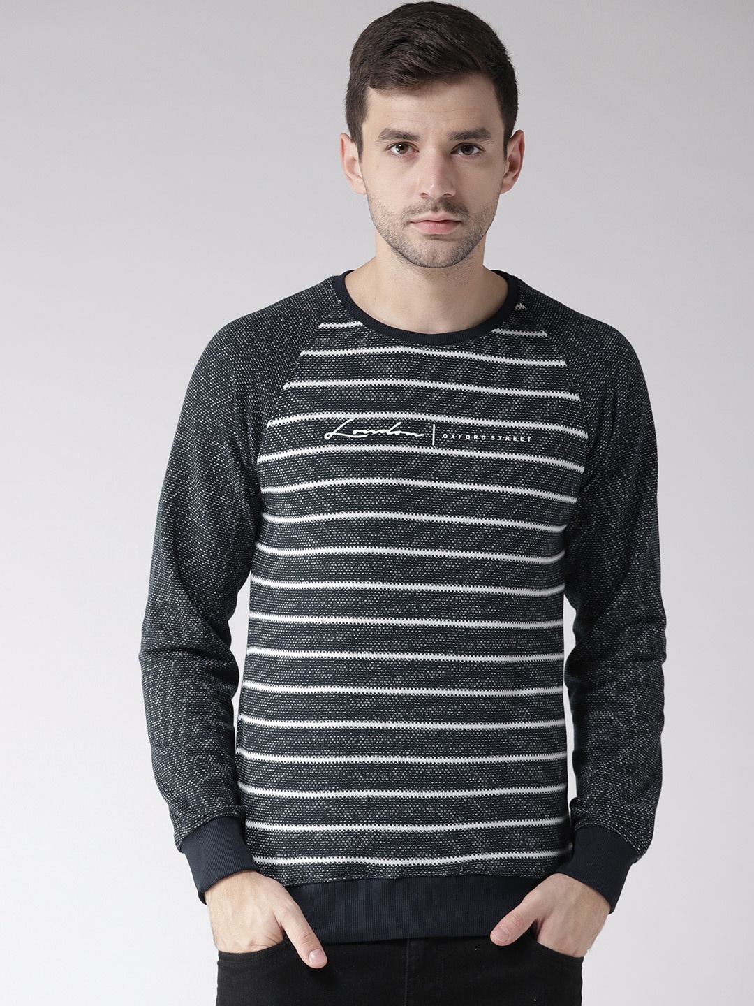 

Fort Collins Men Navy Blue & White Striped Sweatshirt