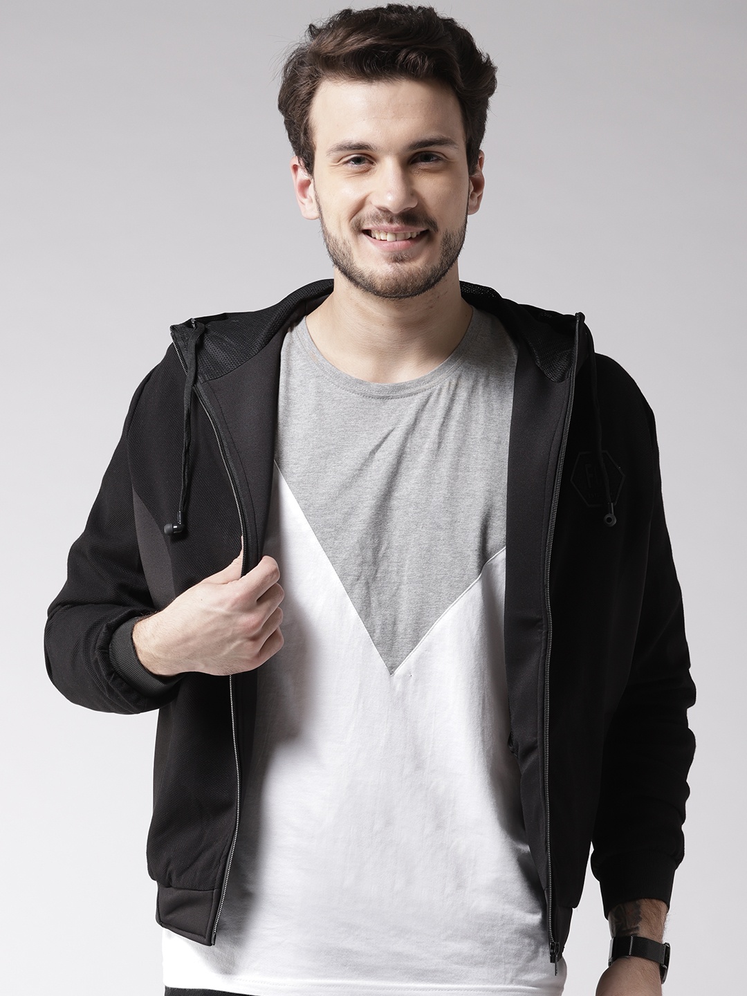 

Fort Collins Men Black Solid Bomber Jacket with Attached Earphones
