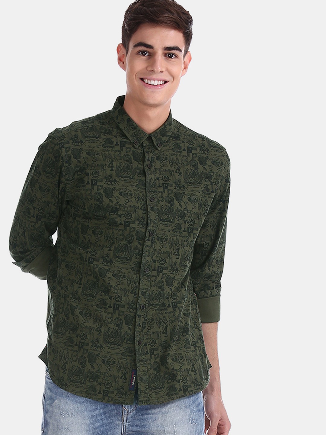 

U.S. Polo Assn. Denim Co. Men Olive Green Slim Fit Printed Casual Shirt