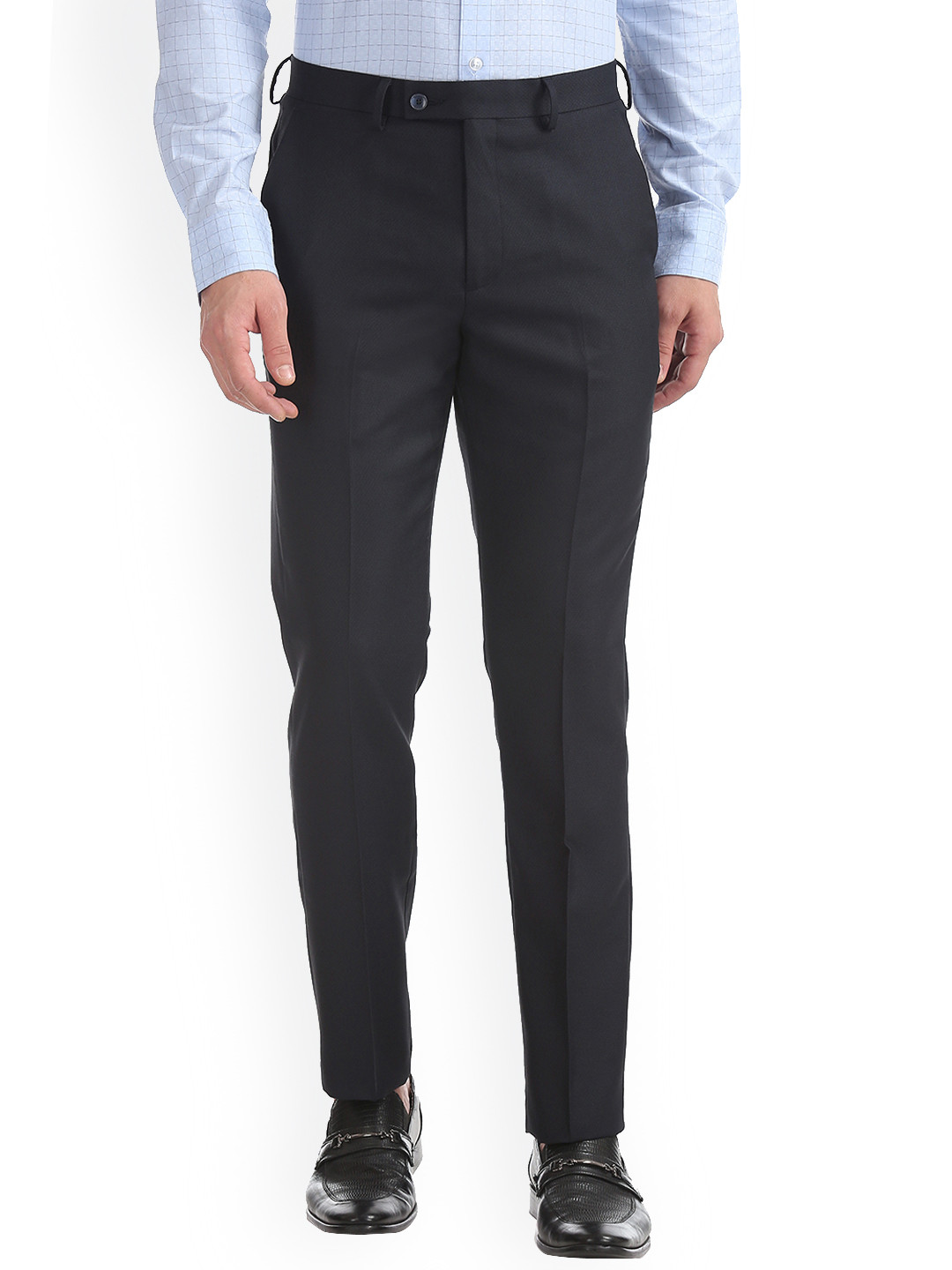

Arrow New York Men Navy Blue Tapered Fit Self Design Regular Trousers