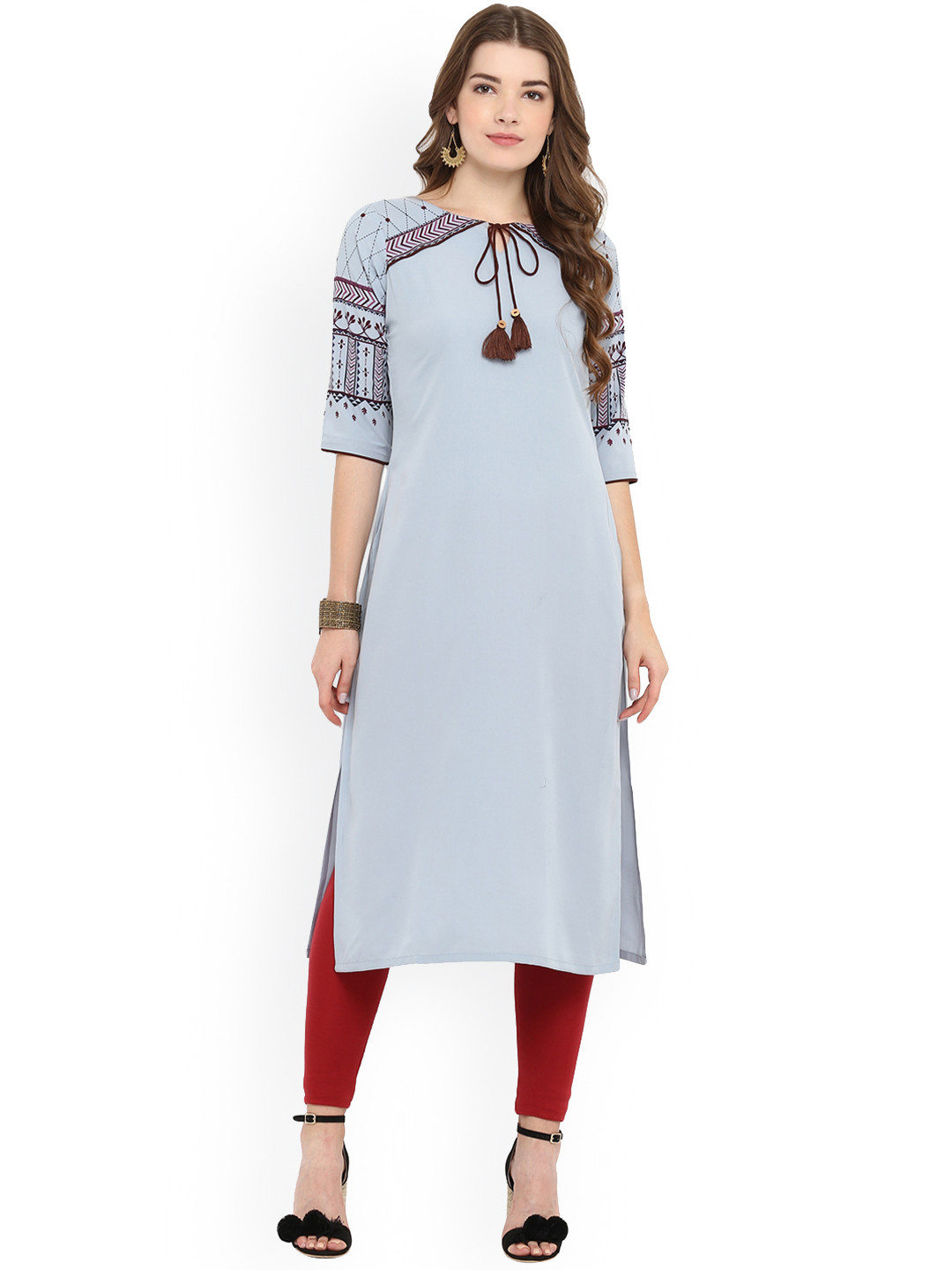 

Janasya Women Blue Printed Straight Kurta
