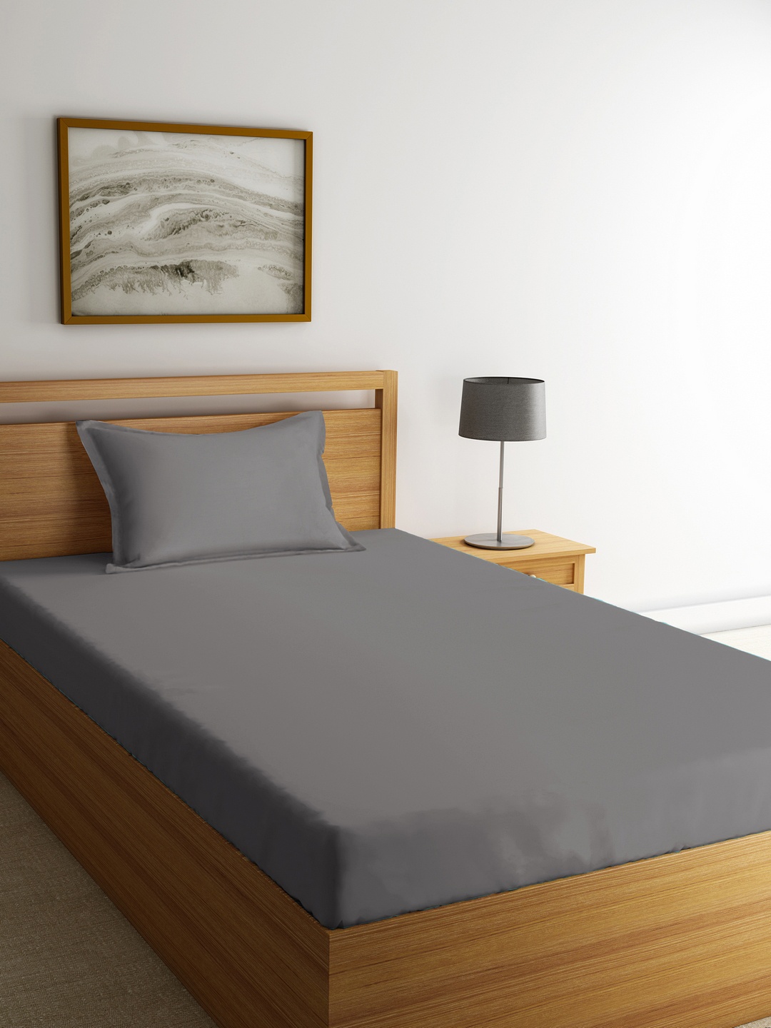 

MARK HOME Grey Solid Flat 210 TC Cotton 1 Single Bedsheet with 1 Pillow Cover