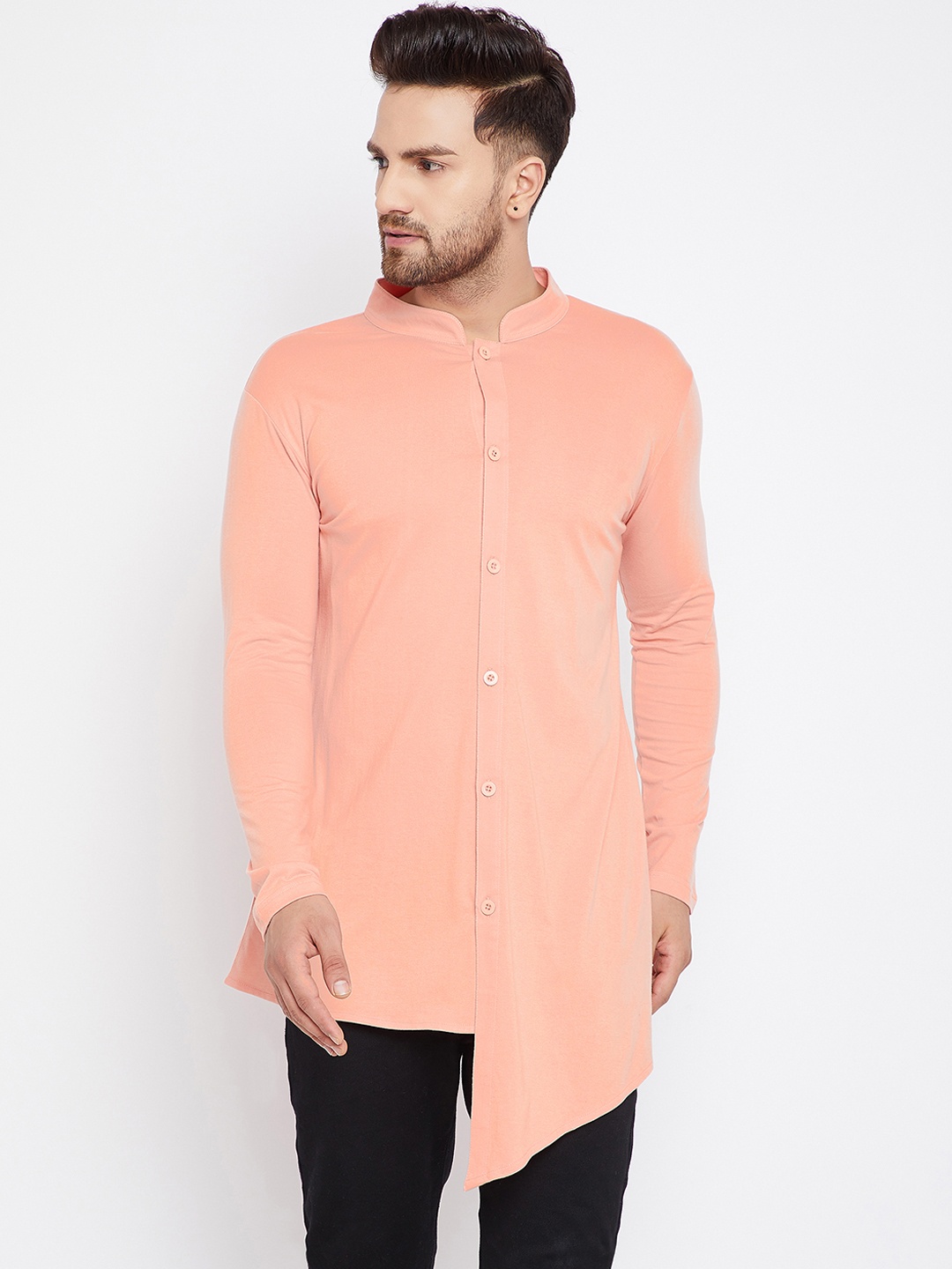 

Hypernation Men Peach-Coloured Solid Straight Kurta