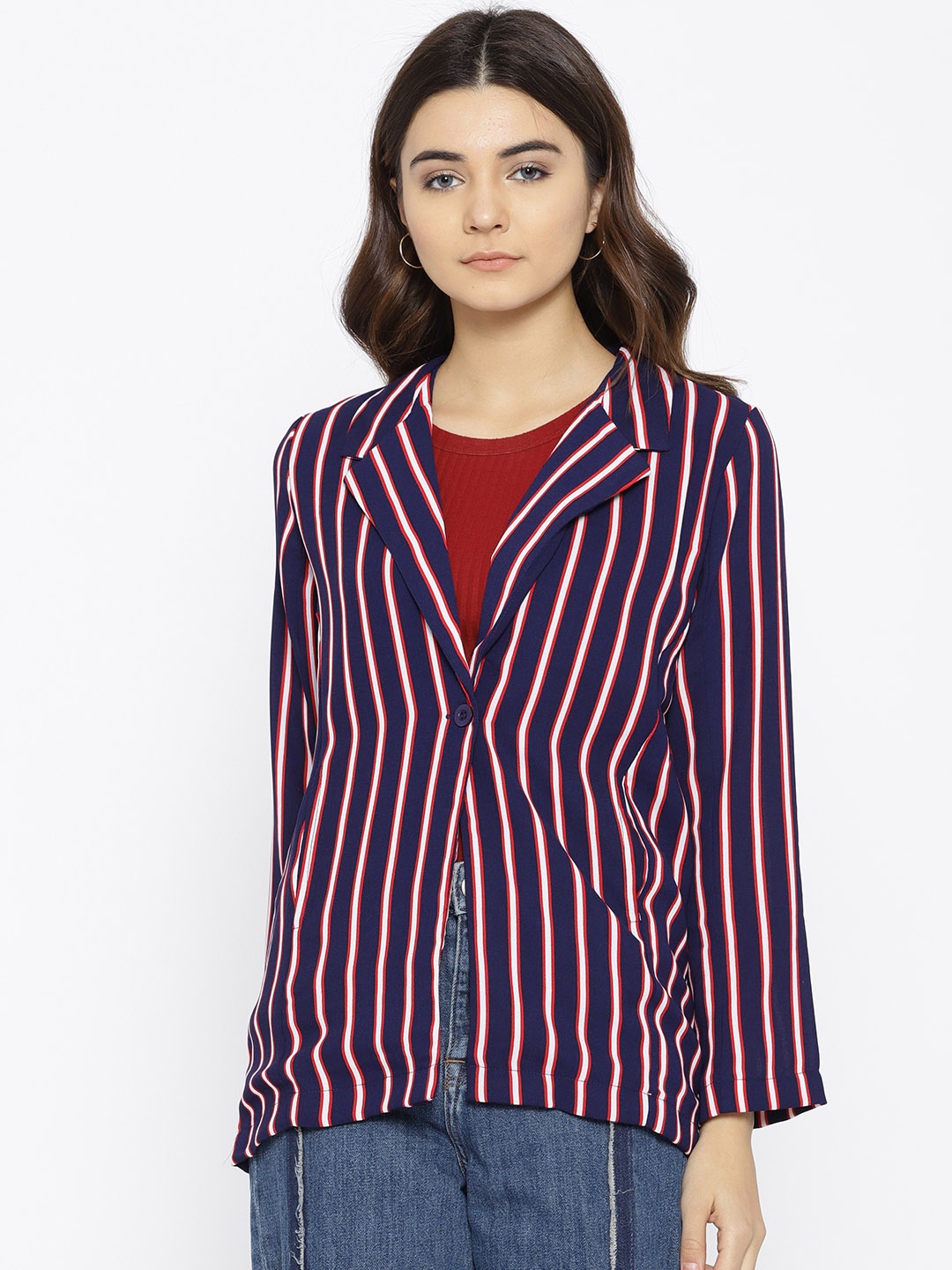 

People Women Navy Blue & Red Striped Casual Blazer