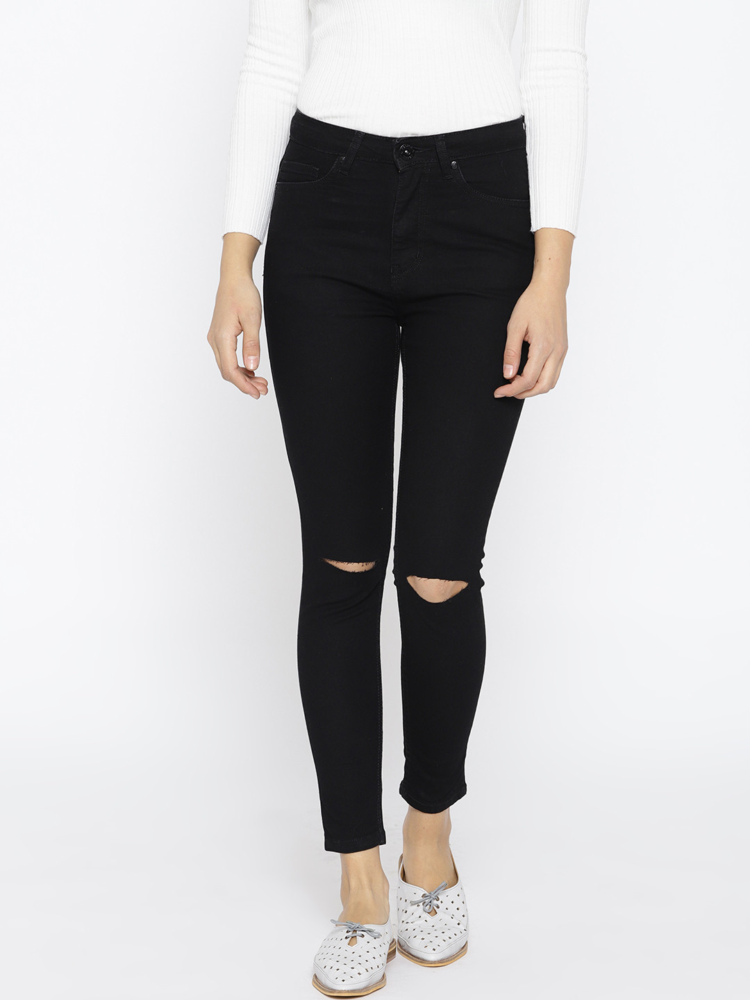 

People Women Black Skinny Fit High-Rise Slash Knee Stretchable Cropped Jeans