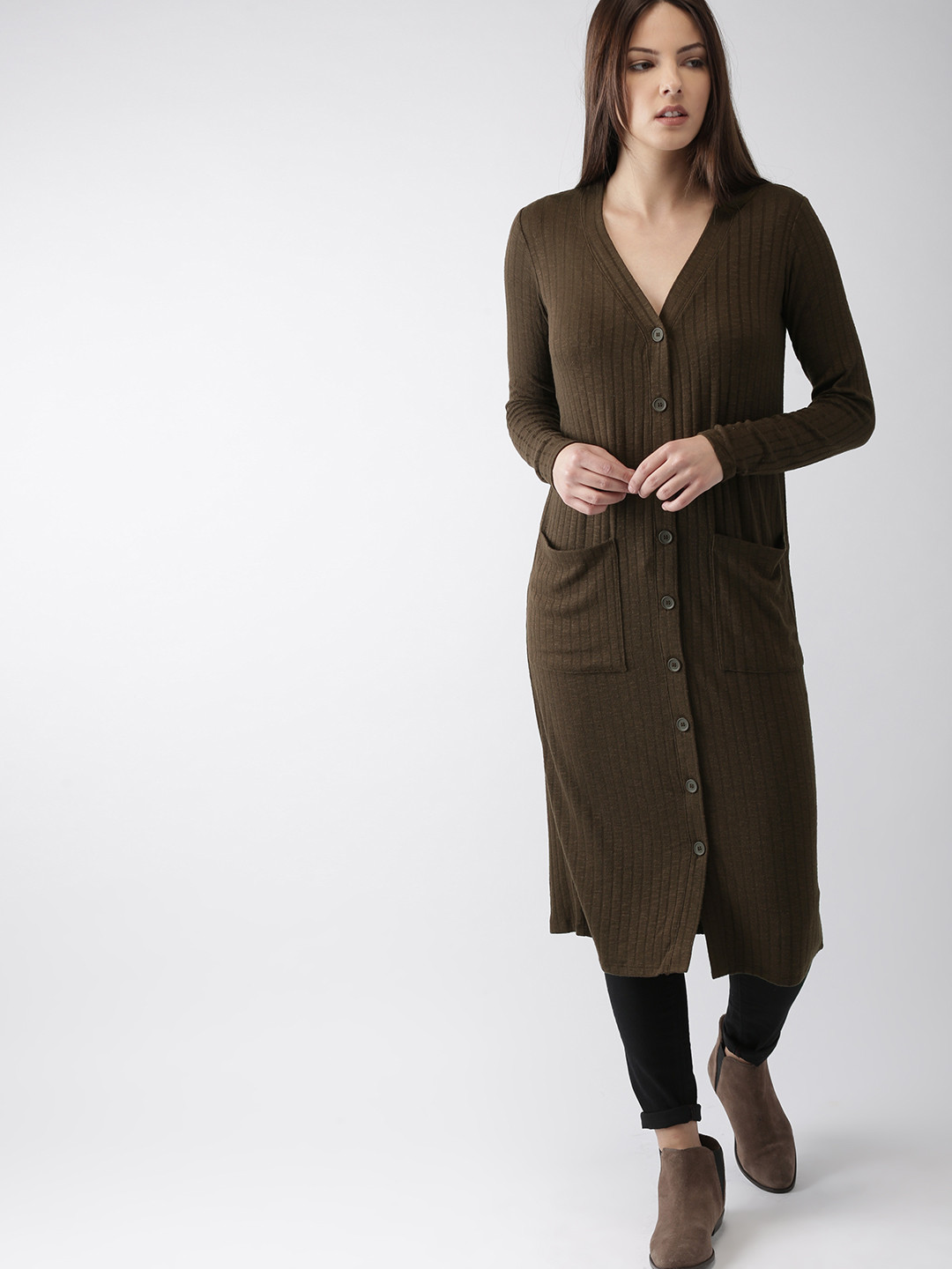 

FOREVER 21 Women Brown Striped Longline Cardigan