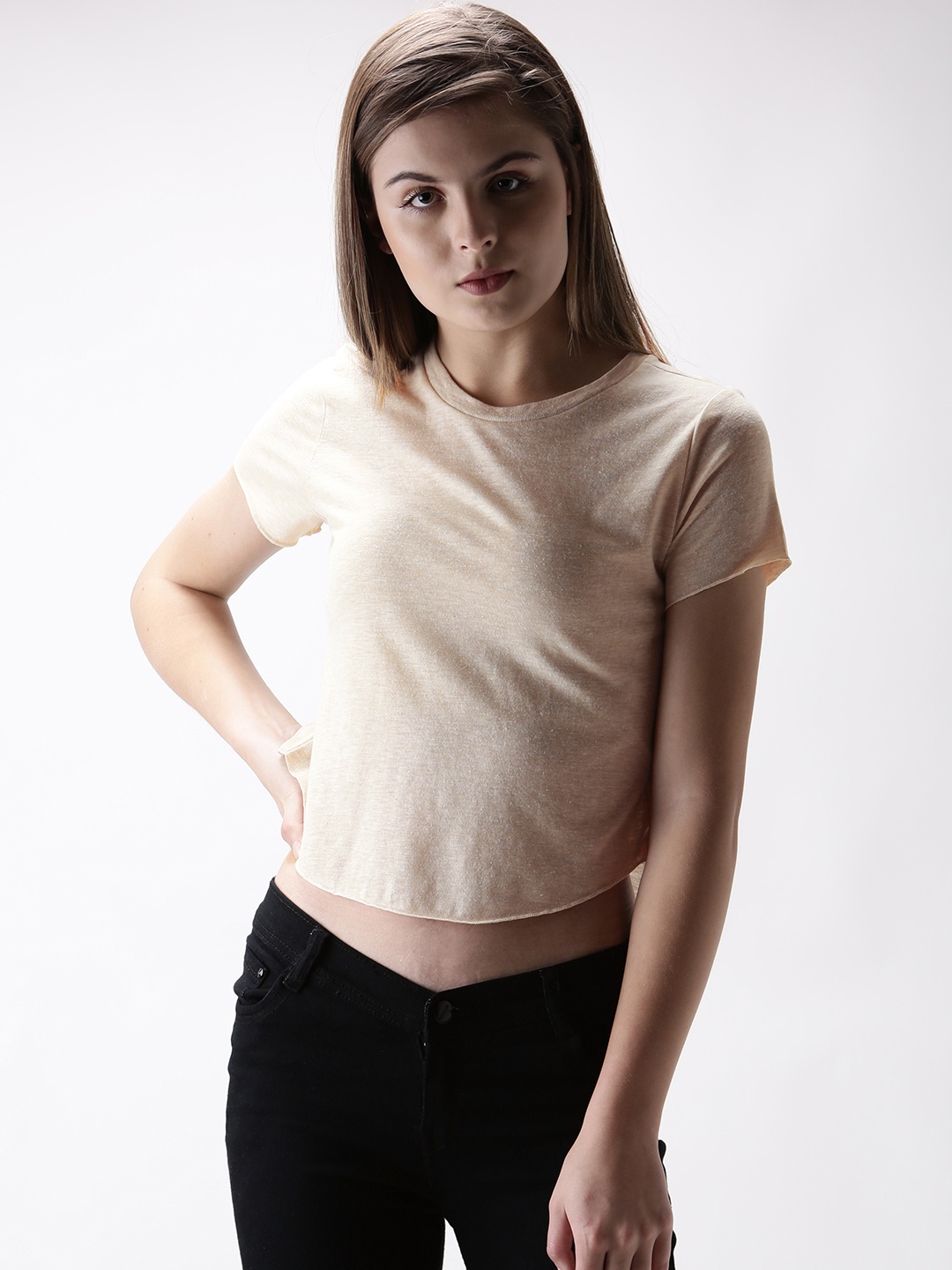 

FOREVER 21 Women Beige Solid Regular Fit T-Shirt