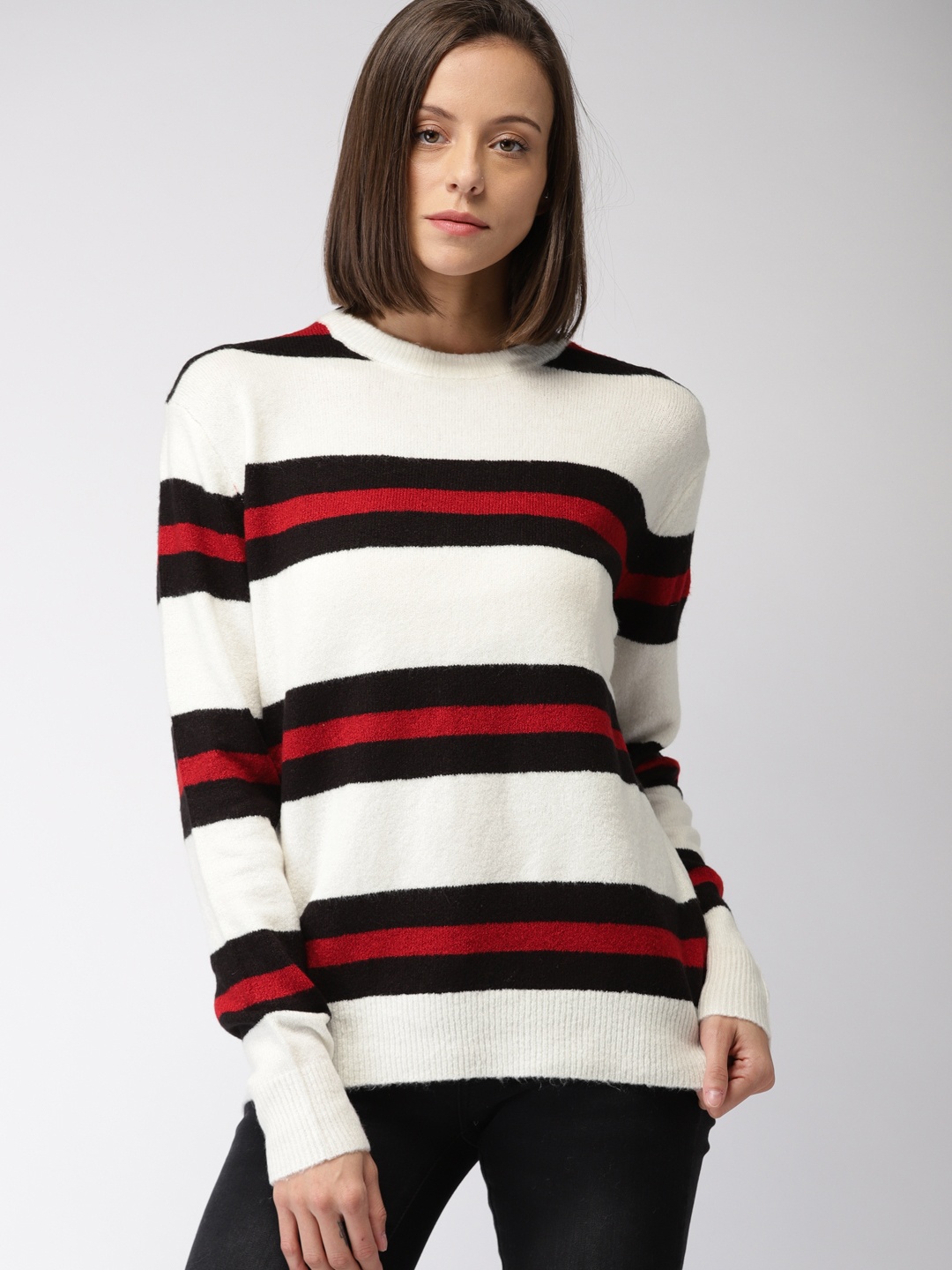 

FOREVER 21 Women White & Black Striped Pullover Sweater